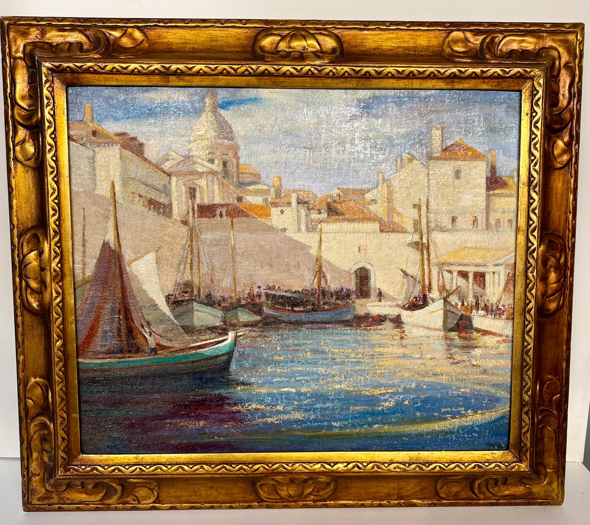 Landscape Painting de Arthur Croft Mitchell - Impressionist scene of the harbor in Raguse modern Dubrovnik In Summer sunlight
