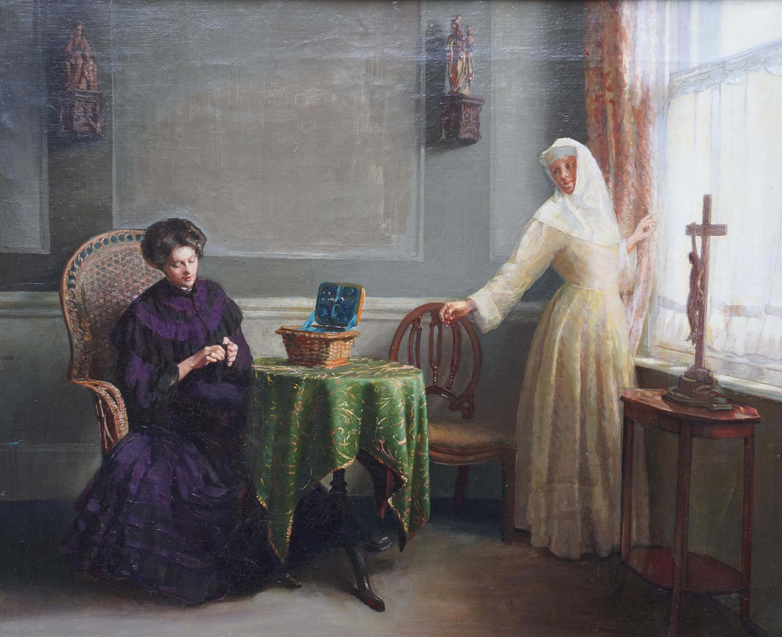 Deux mondes - peinture à l'huile figurative d'intérieur édouardienne britannique en vente 6
