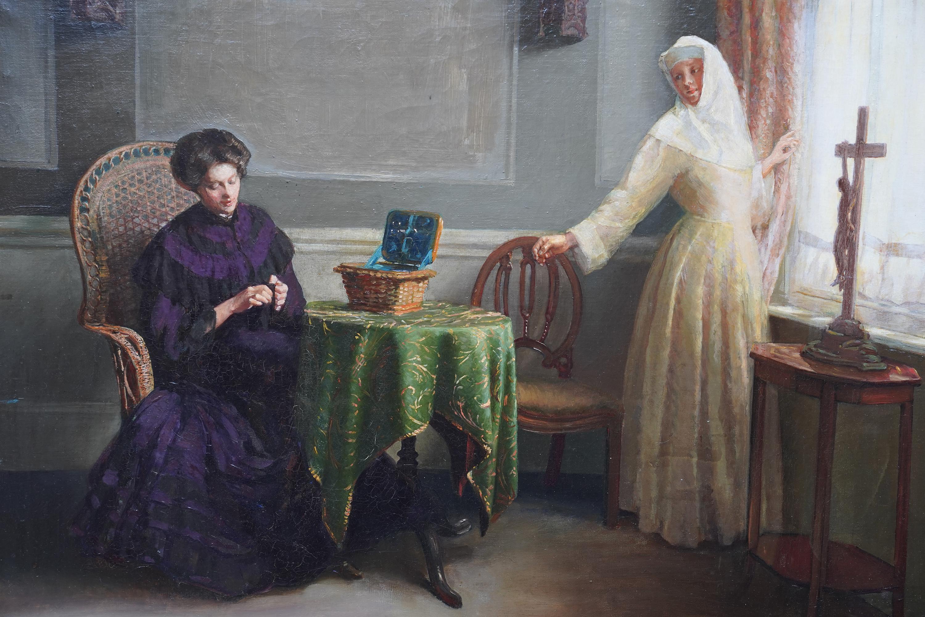 Deux mondes - peinture à l'huile figurative d'intérieur édouardienne britannique - Réalisme Painting par Arthur Croft Mitchell