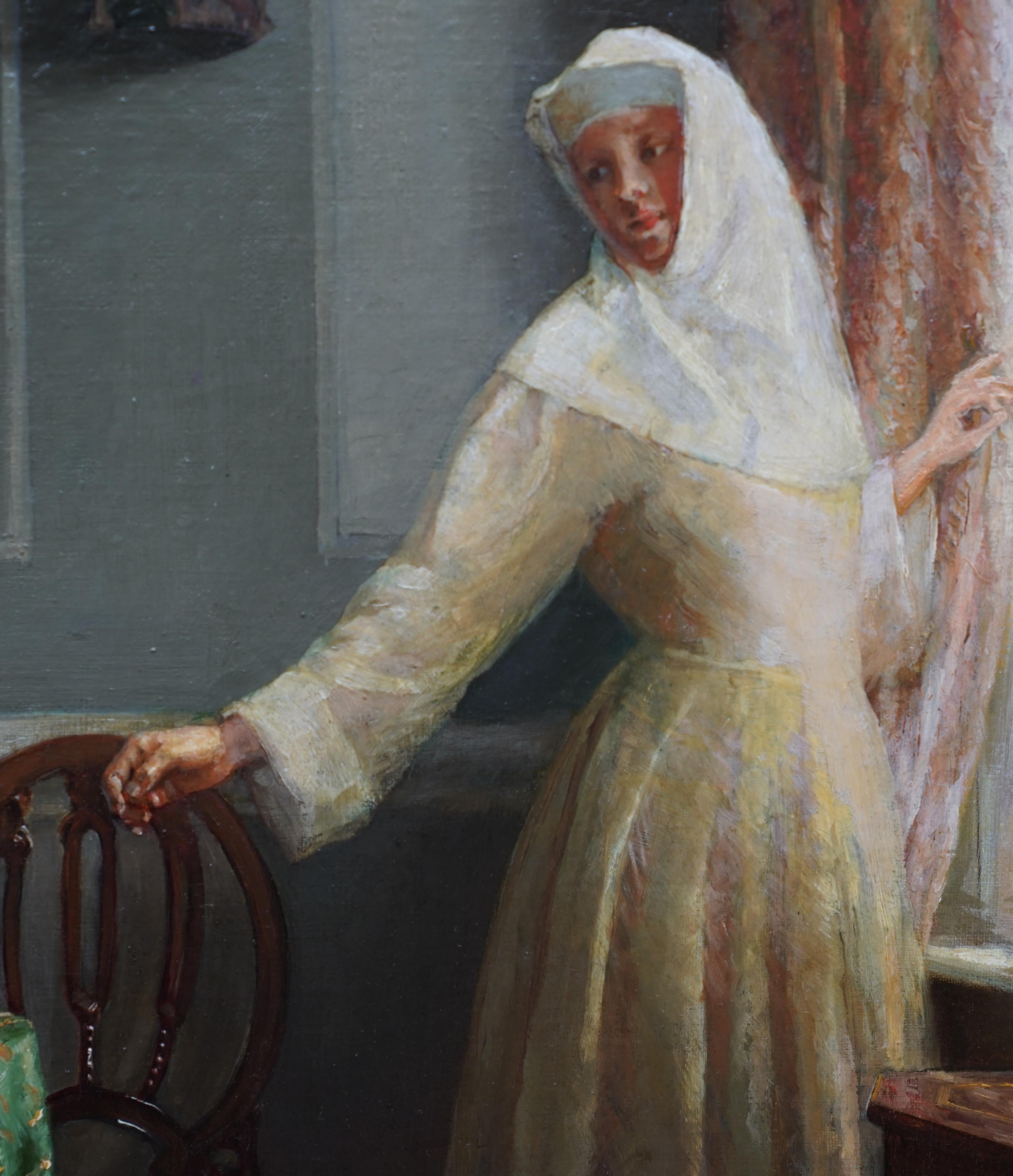 Deux mondes - peinture à l'huile figurative d'intérieur édouardienne britannique en vente 1