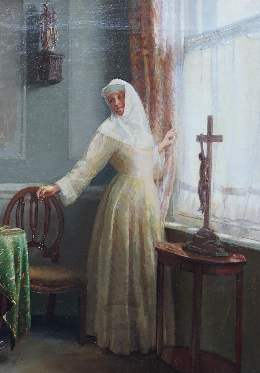 Deux mondes - peinture à l'huile figurative d'intérieur édouardienne britannique en vente 2