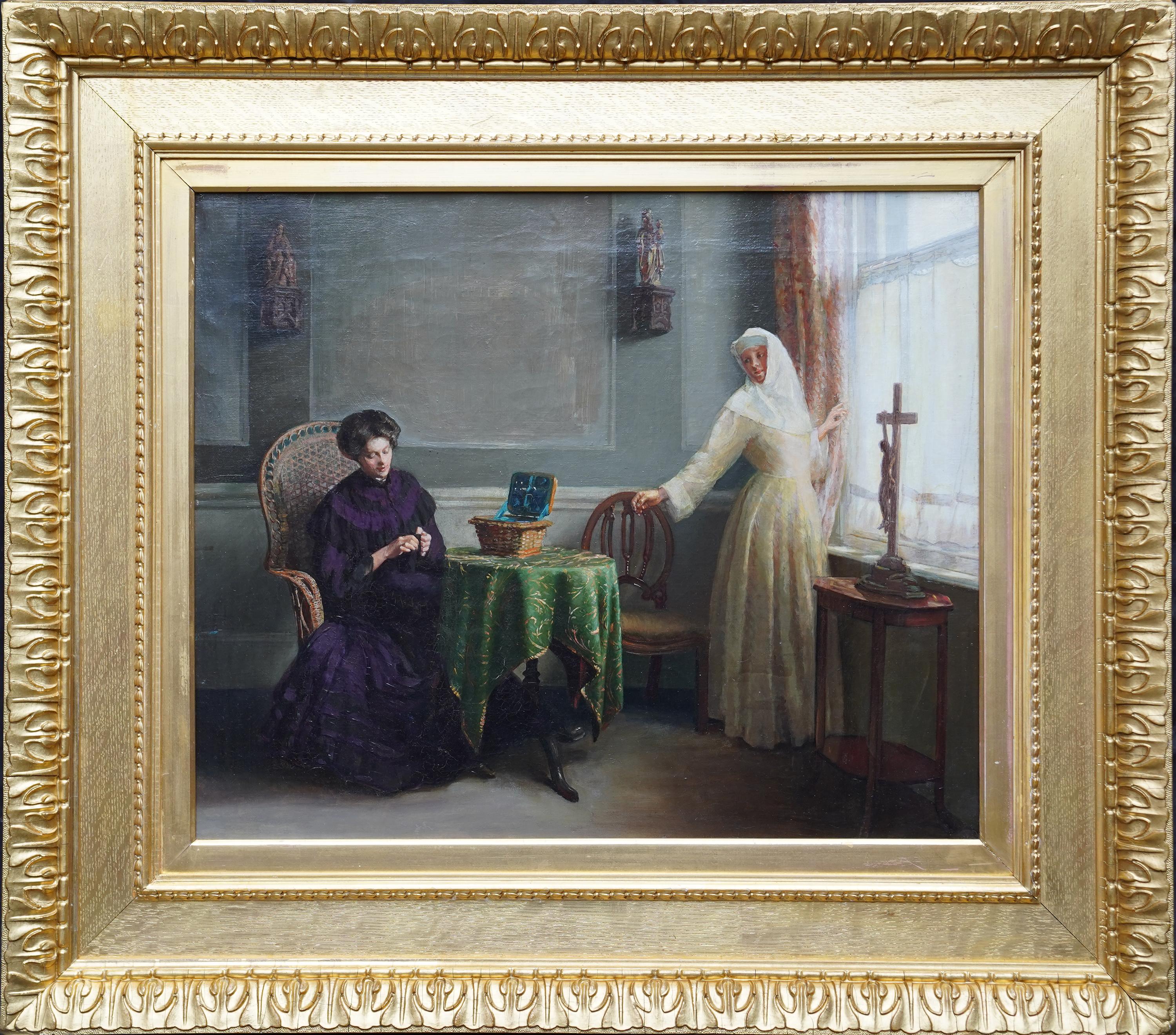Due mondi - pittura ad olio figurativa britannica edoardiana per interni arte religiosa
