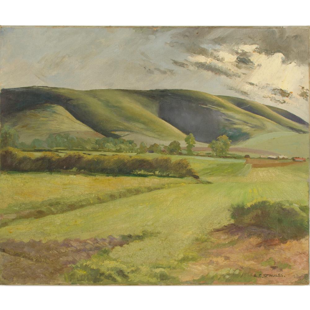 Arthur Crossingham Sprules (BRITISH , 1915-1918) Green Fields - huile sur toile , signée en bas à droite - Champs verts roulants avec de hautes collines à l'arrière-plan, le soleil brillant à travers les nuages. 
