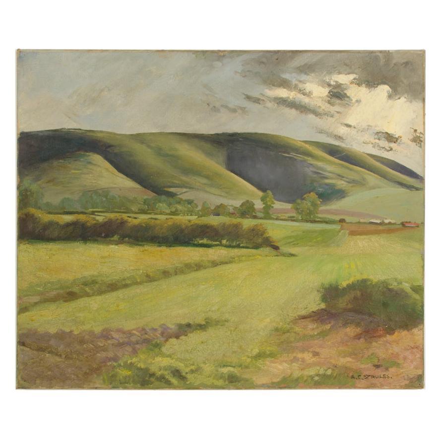 Arthur Crossingham Sprules (britannique, 1915 -1918), « Green Fields », huile sur toile en vente