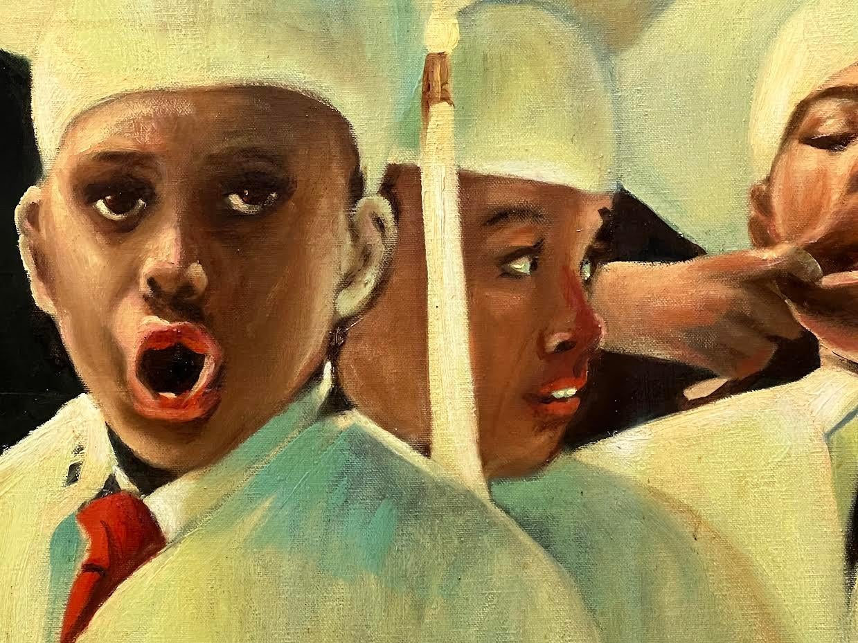 Whimsical Graduation Oil Painting by Arthur D.Thomas - Brown Figurative Painting by Arthur D. Thomas