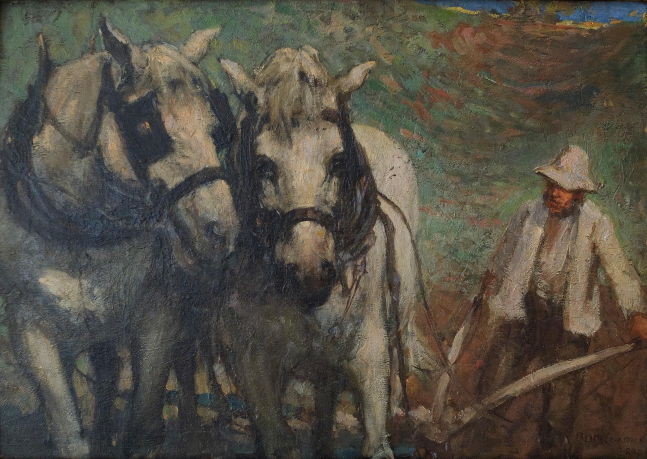 Arthur David McCormick Animal Painting - Impressionist style painting of Draft Horses, titled "The Ploughing Team"