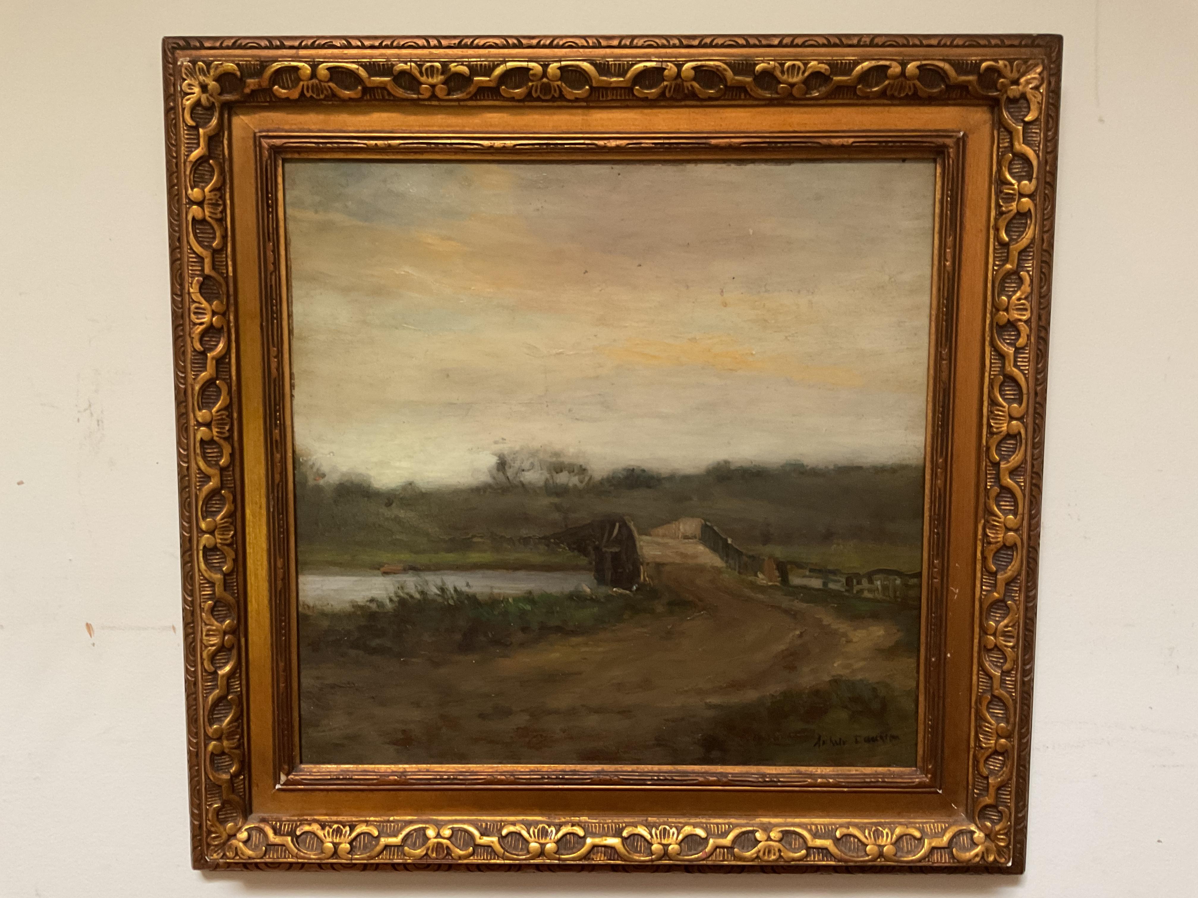 This evocative painting by English born artist Arthur Dawson depicts a muted landscape of long ago.  It features an old wooden bridge over a small creek. It’s a moody day, likely at sunrise or sunset, to set the tone. The scene could very well be on