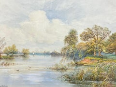 A Sunny Day On The Thames River Landscape, Antique British Painting