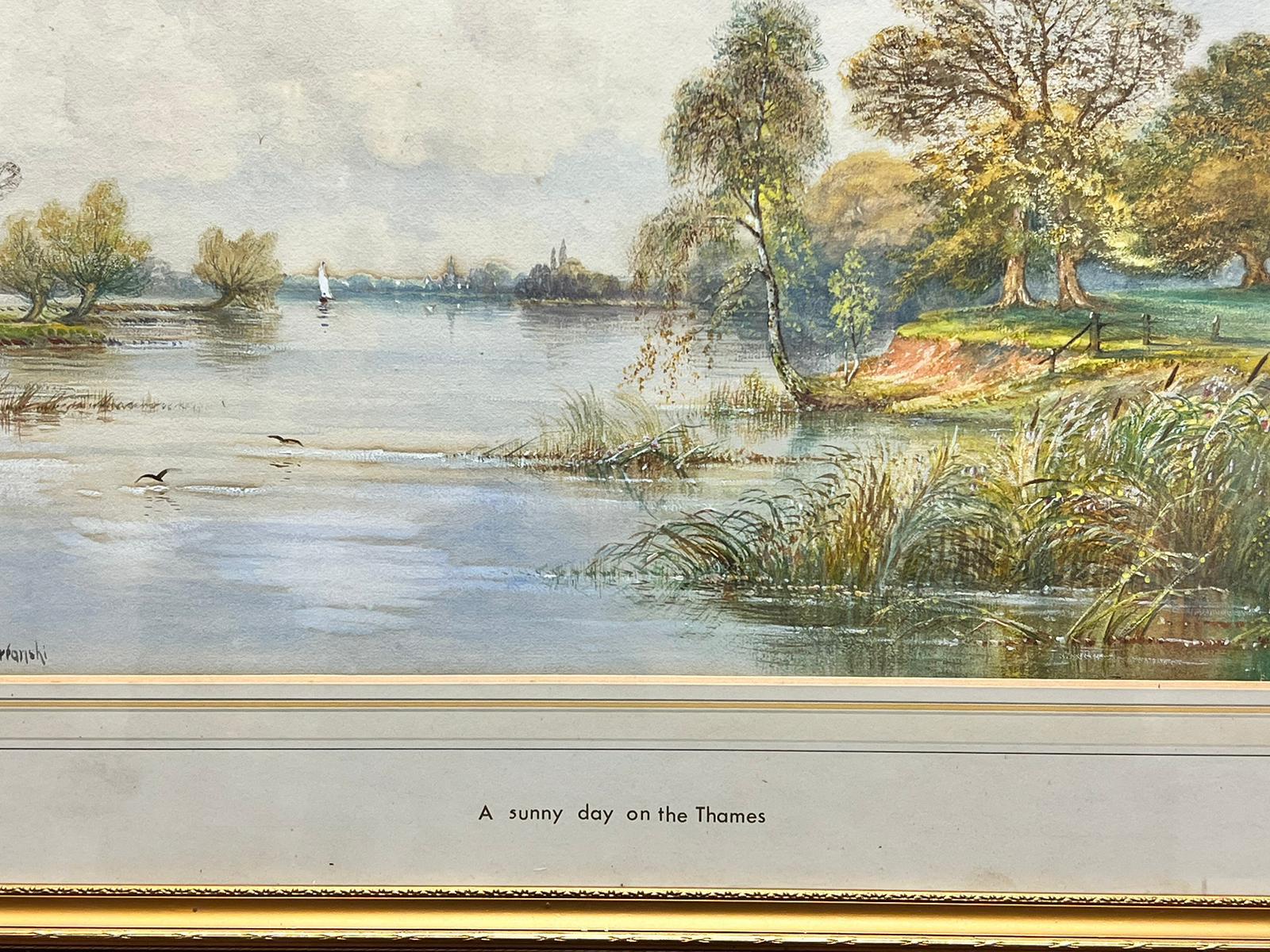 A Sunny Day On The Thames River Landscape, Antique British Painting For Sale 1