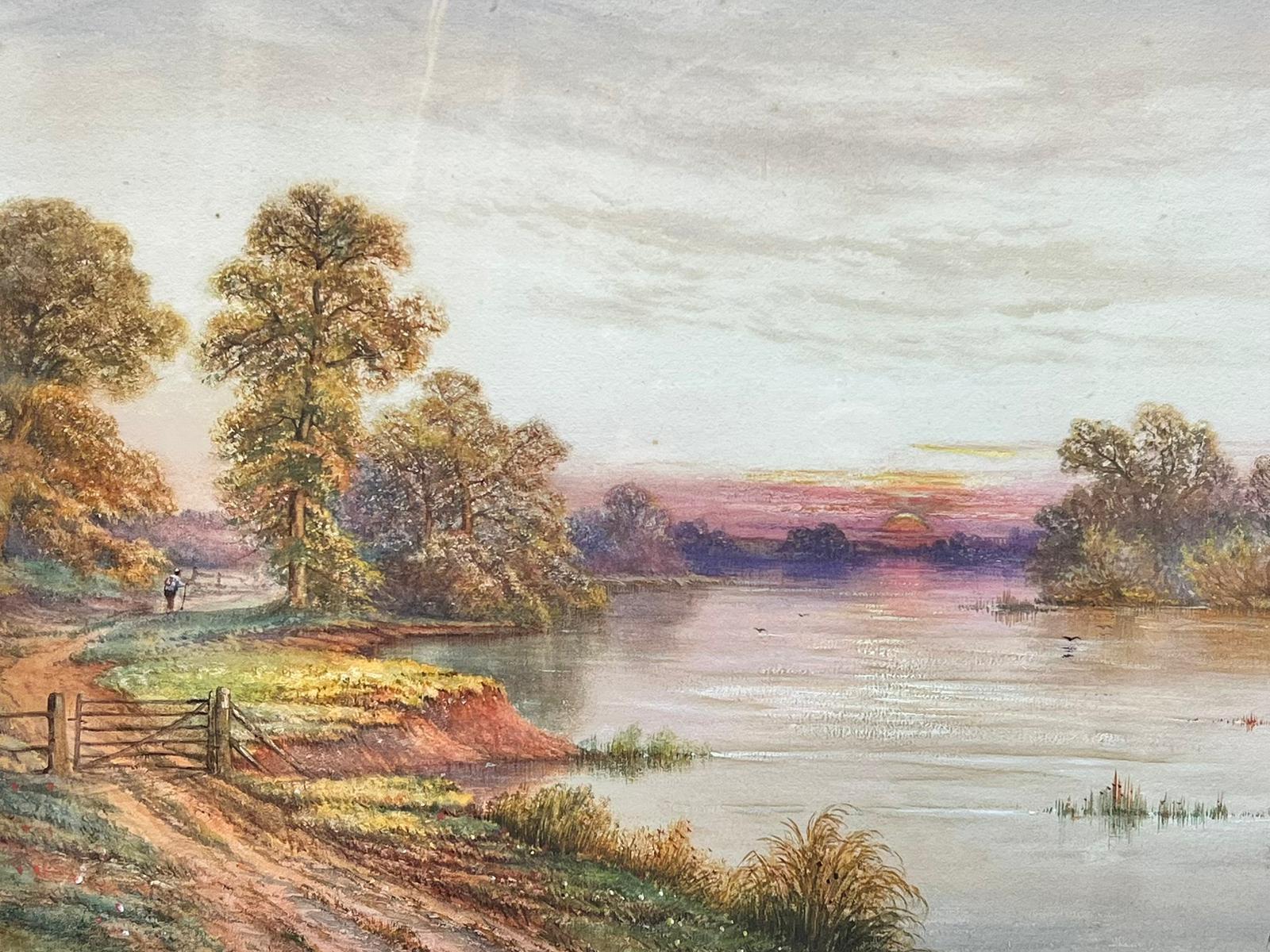 La pista junto al río pesquero Paisaje al atardecer Fine Antique British - Painting de Arthur de Breanski