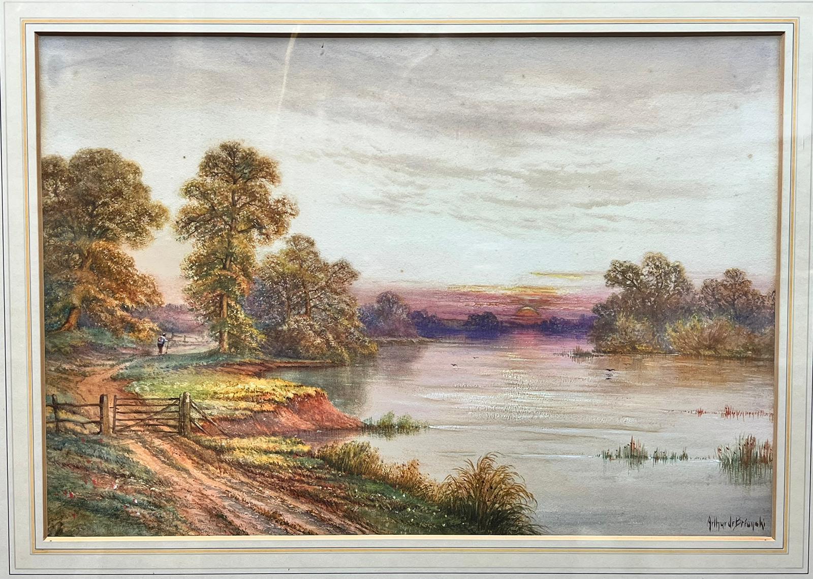 La pista junto al río pesquero Paisaje al atardecer Fine Antique British - Figurative Painting Beige de Arthur de Breanski