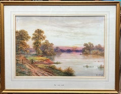 The Track Alongside The Fishing River Sunset Landscape Fine Antique British 
