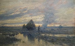 Antique "Haystacks on the Marsh, " Arthur Diehl, American Impressionism Sunset Landscape