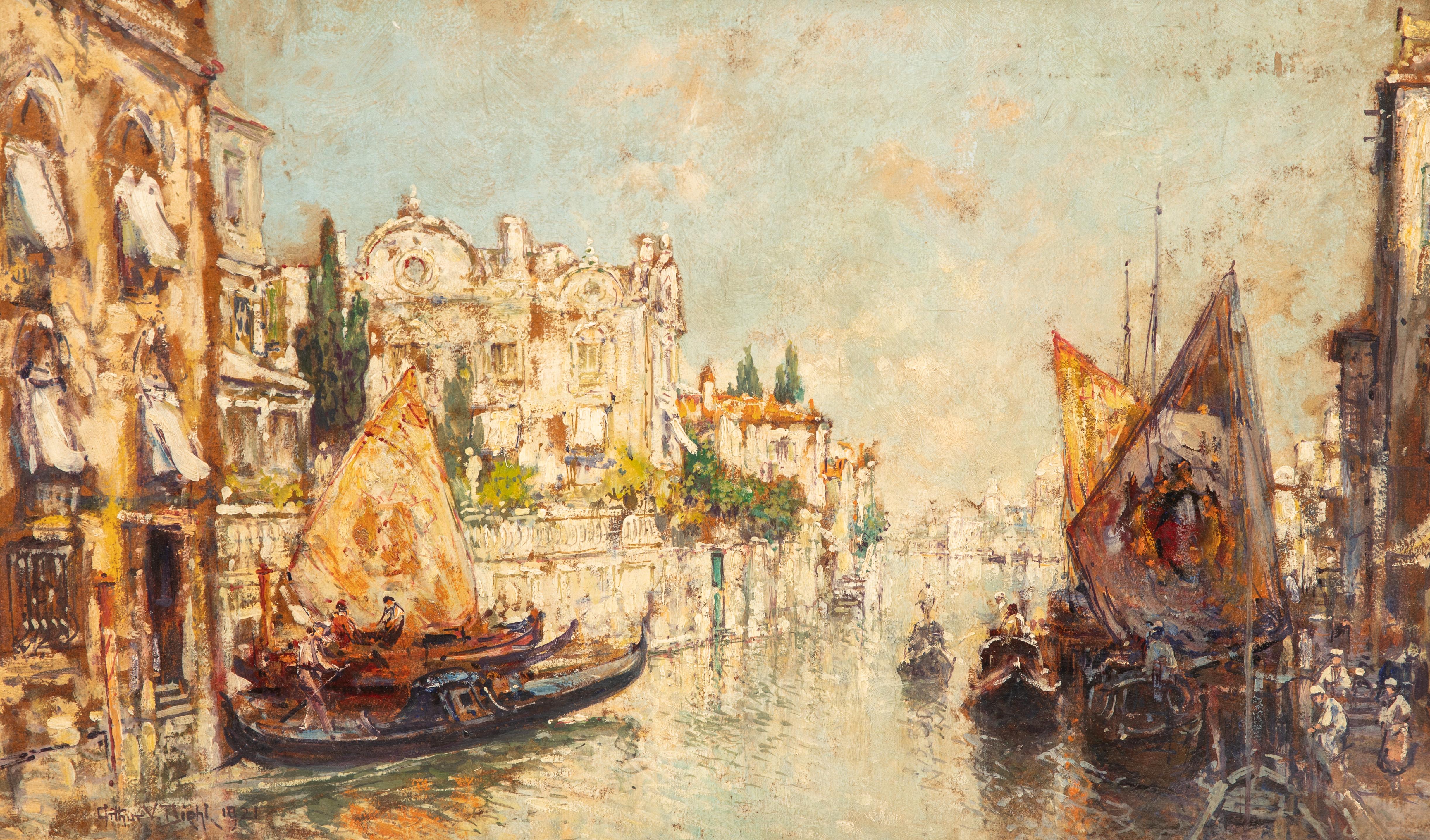 Arthur Diehl signed oil painting of Venetian canal scene, 1921. Arthur Diehl was born in England in 1870, to a novelist mother and a father who was the director of an opera company. He left his studies at Oxford University at the age of nineteen to