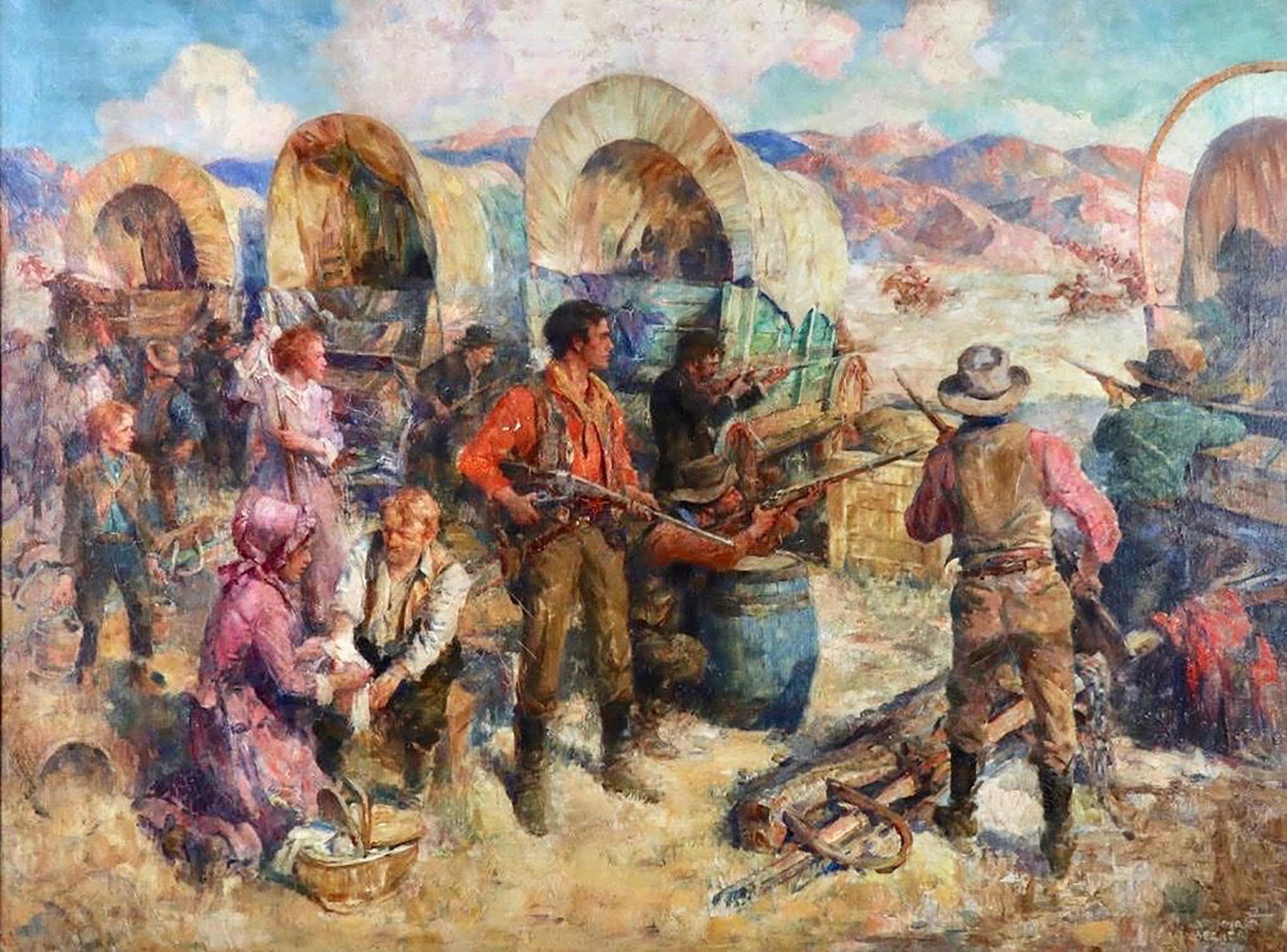 Arthur E. Becher Landscape Painting - Descending the Wagon Train