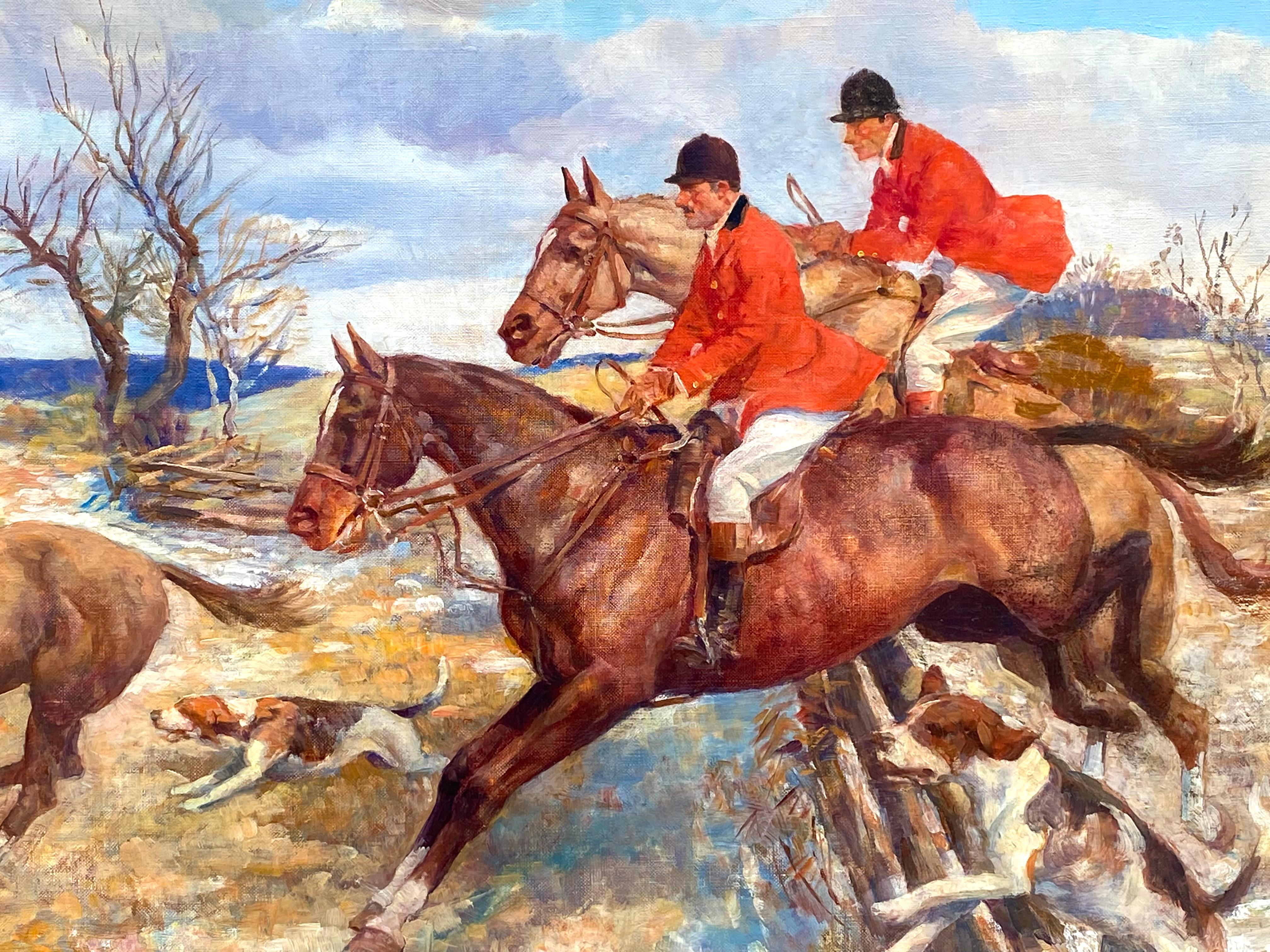 “Fox Hunt, Jumping the Fence” - Painting by Arthur E. Becher