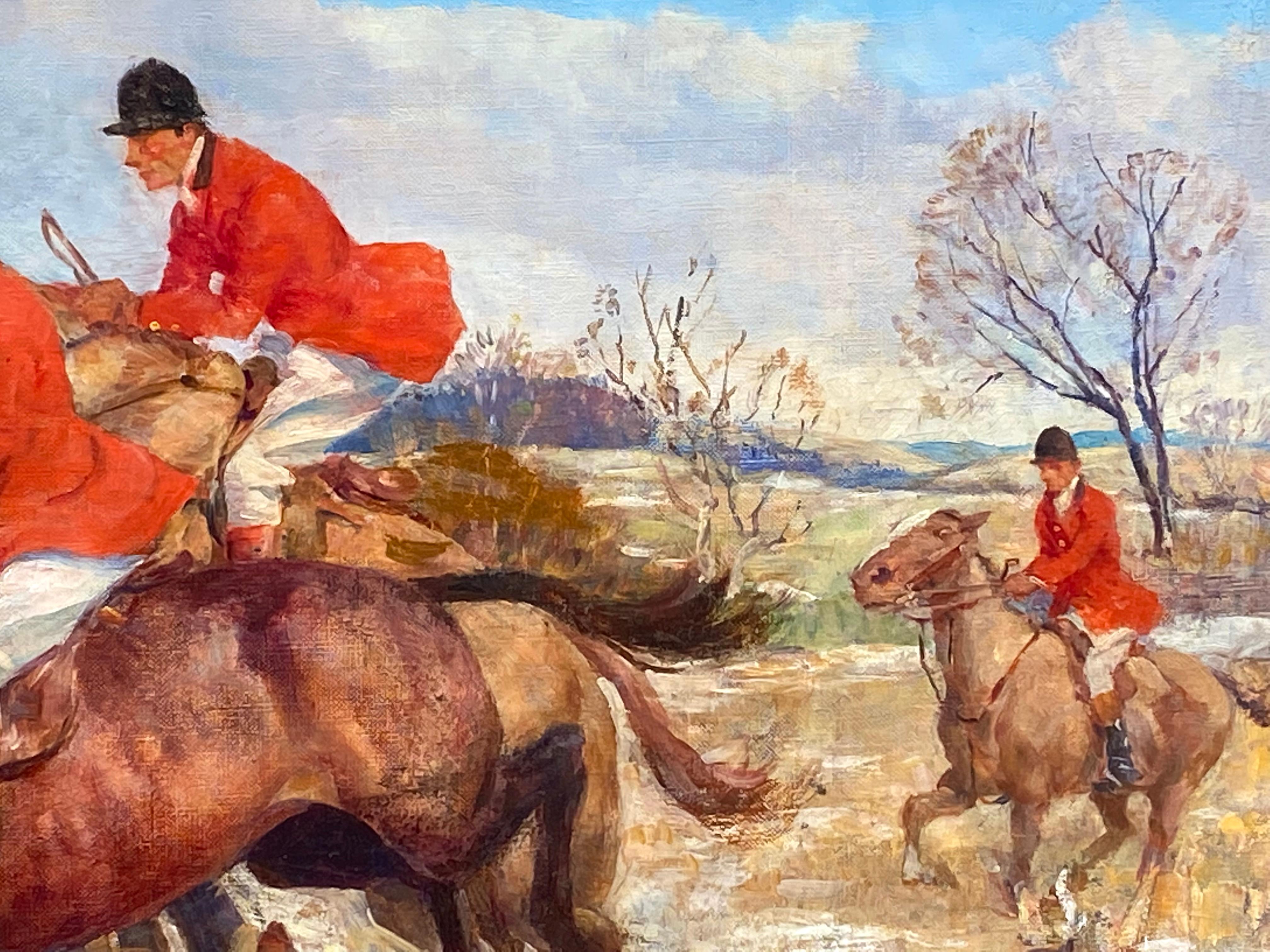 “Fox Hunt, Jumping the Fence” - Academic Painting by Arthur E. Becher