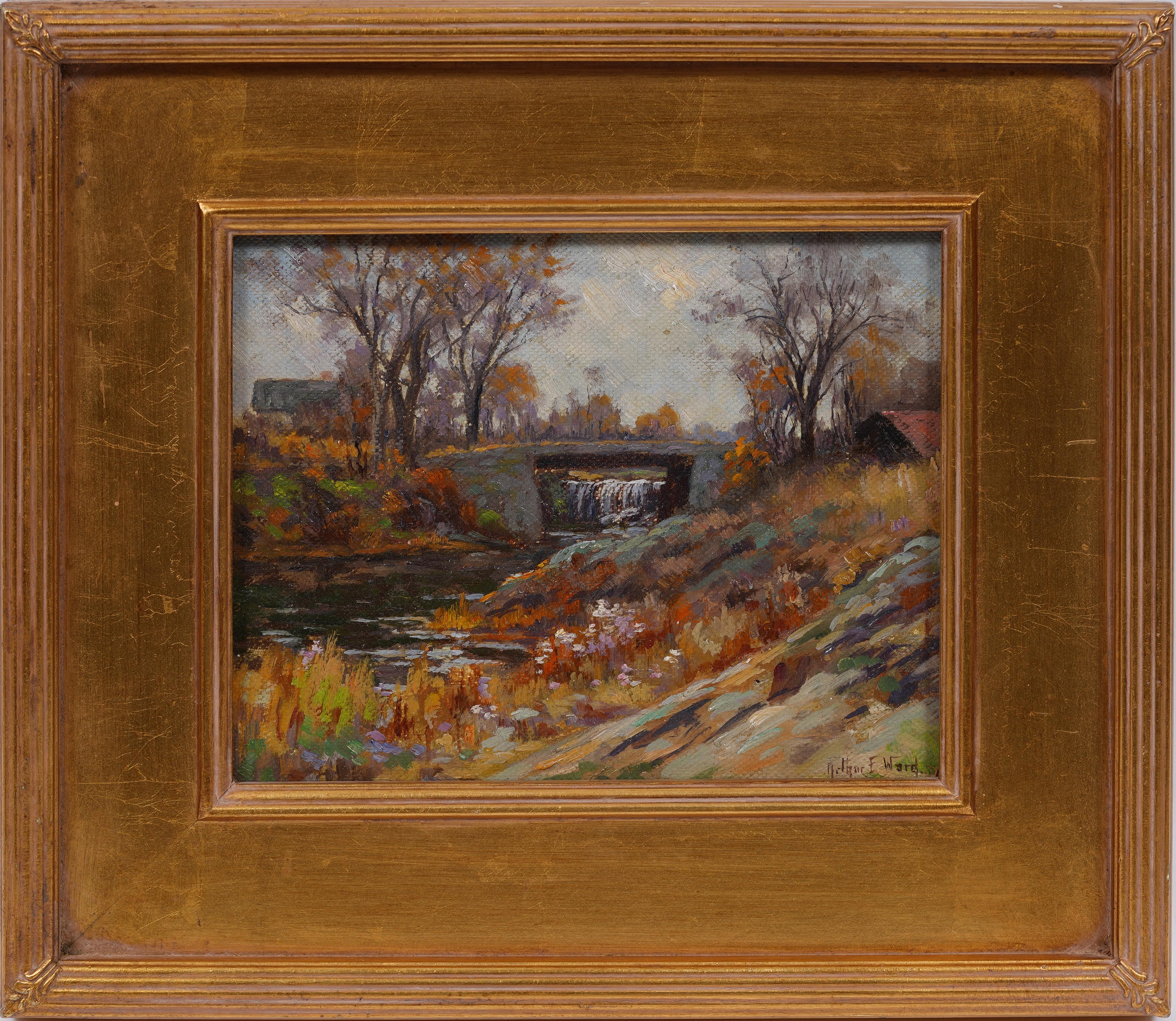 Antique American impressionist landscape oil painting by Arthur E. Ward (1863 - 1928).  OIl on board.  Framed.  Signed.
