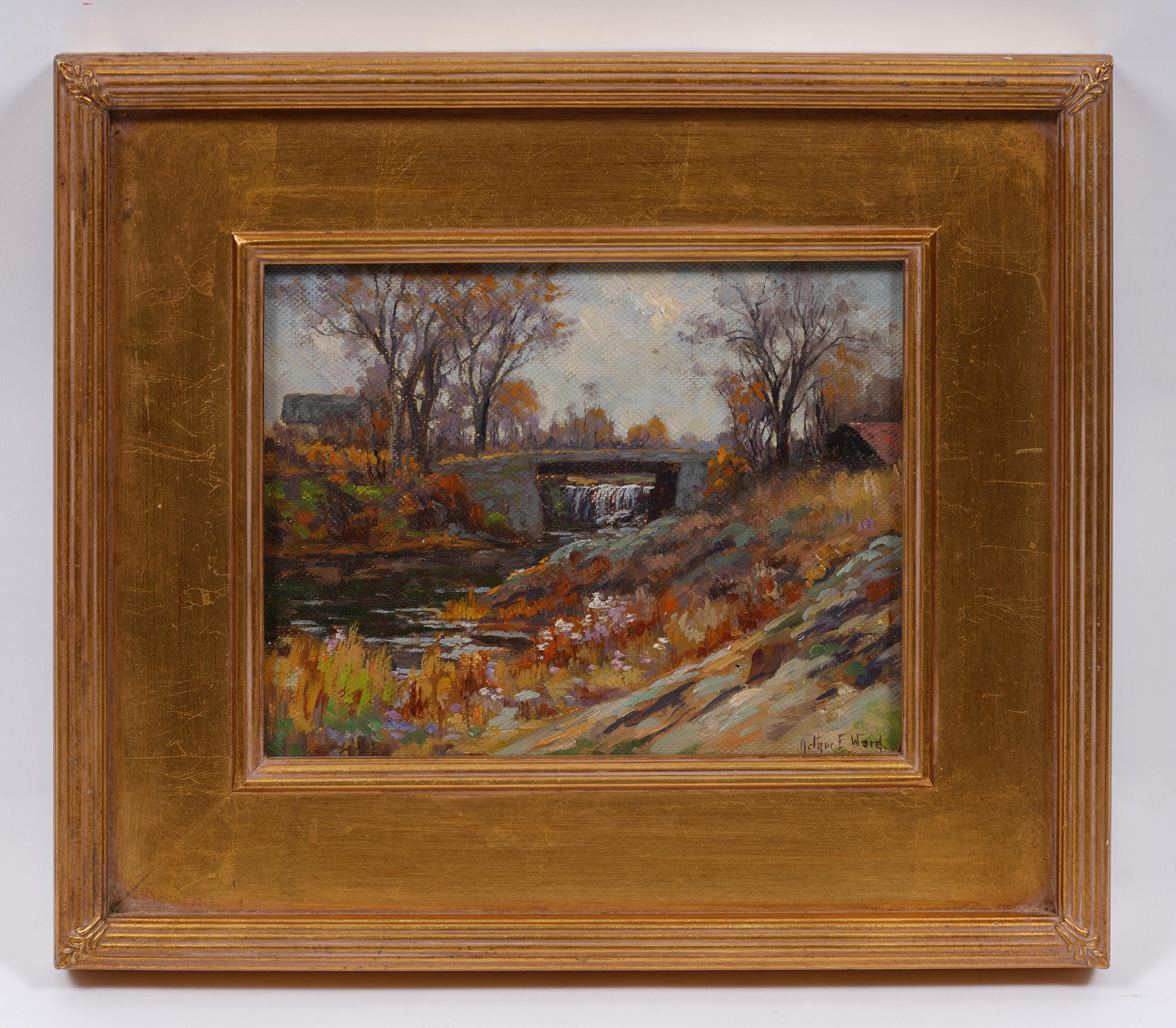Antique American impressionist landscape oil painting by Arthur E. Ward (1863 - 1928).  OIl on board.  Framed.  Signed.