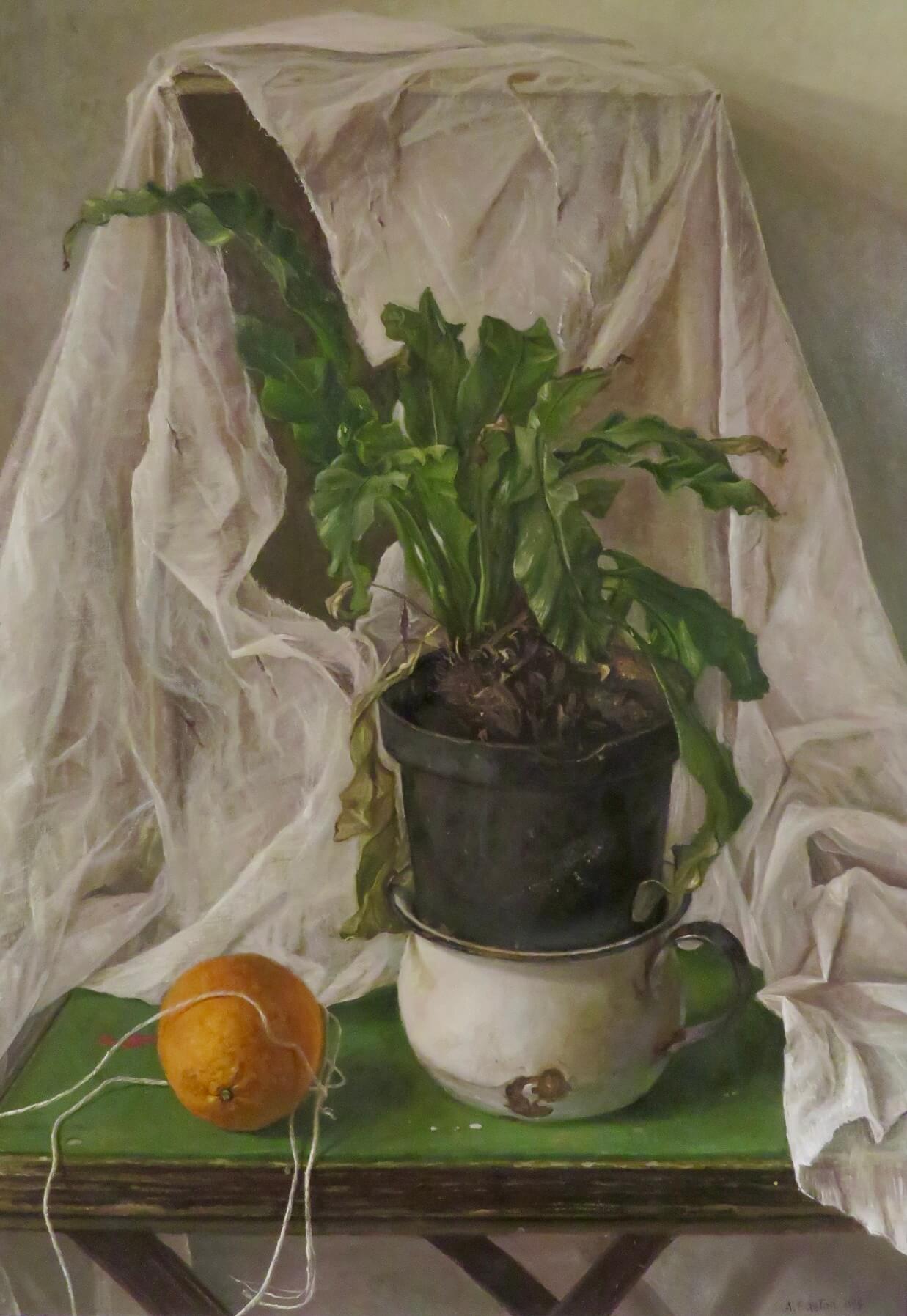 ARTIST: Arthur Easton ROI (1939-) British
TITLE: “Still Life With Fern And Orange”
SIGNED: lower right
MEDIUM: oil on board
SIZE: 98cm x 74cm inc. frame
CONDITION: excellent
DETAIL: A member of the Royal Institute of Oil Painters since 1979, Arthur