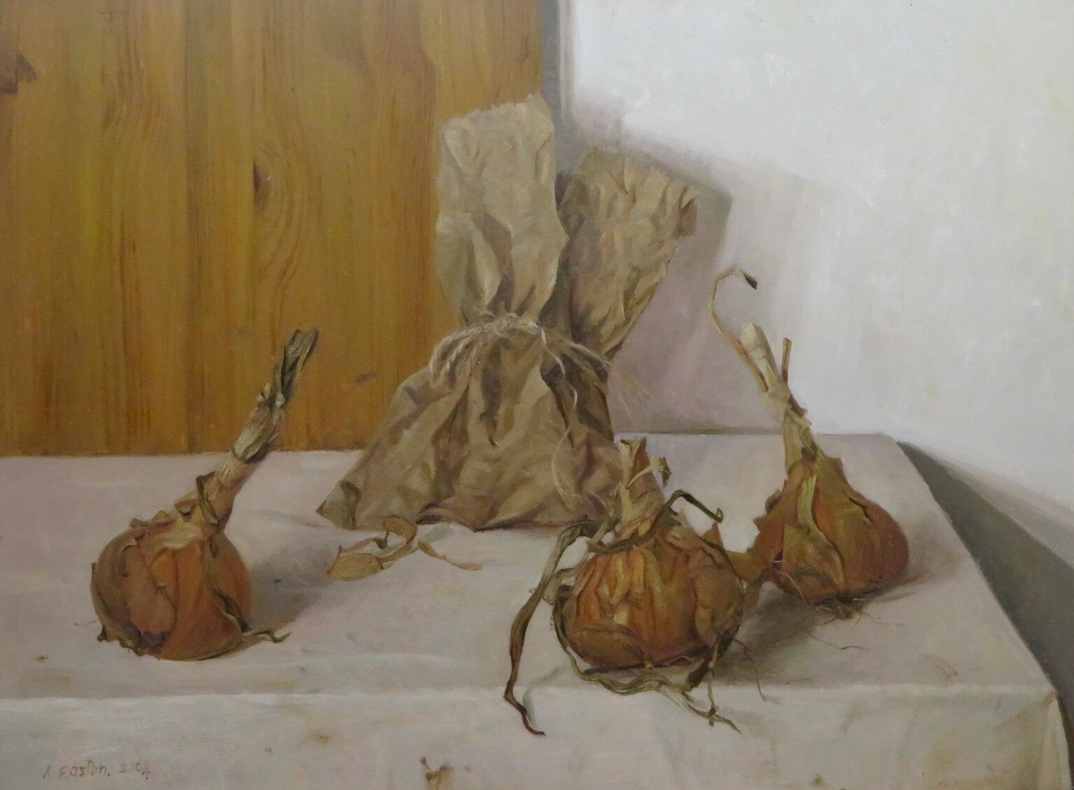 ORIGINAL Still Life Oil Painting of ONIONS by English painter ARTHUR EASTON ROI in vendita 2