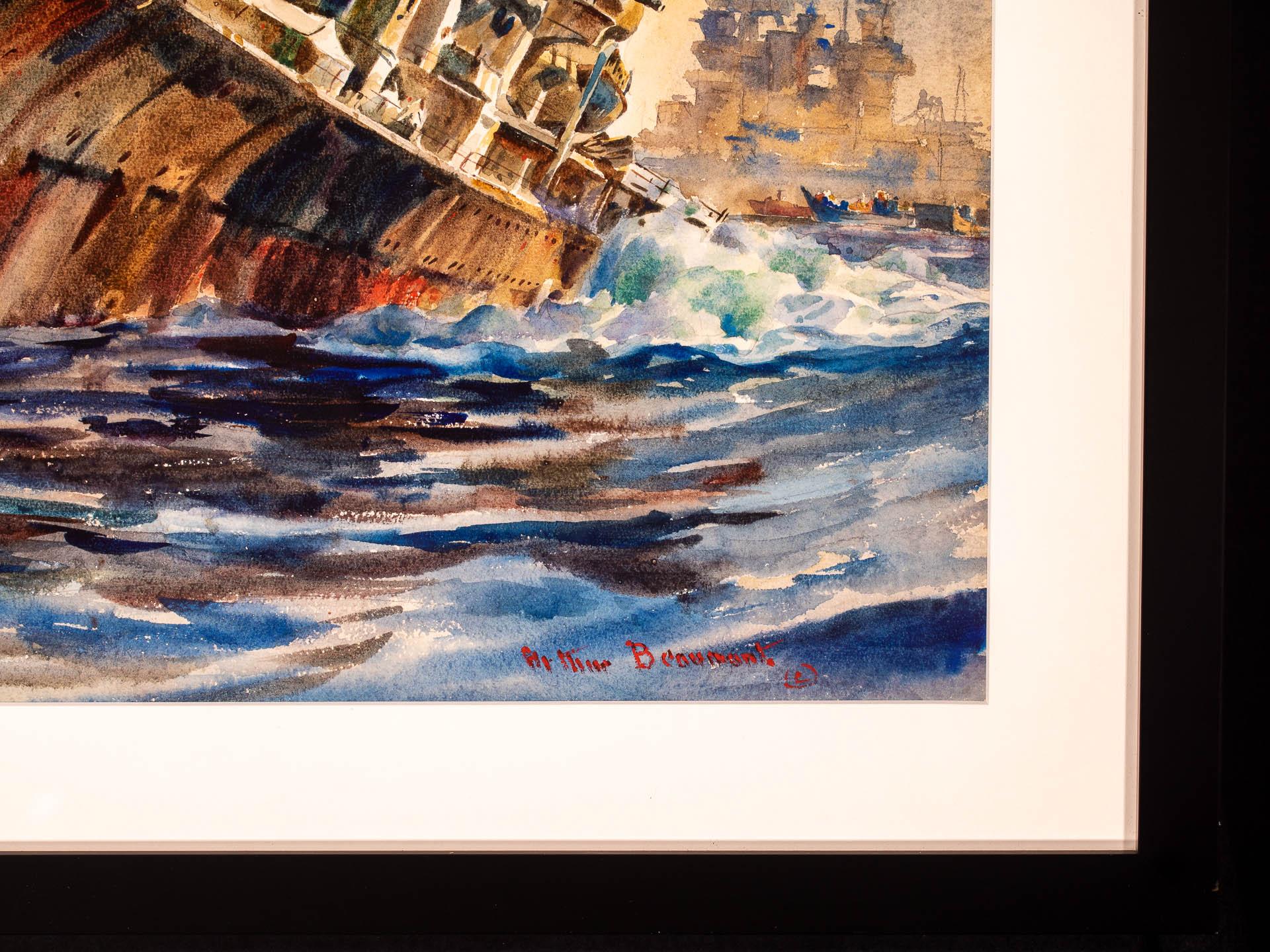 In dieser Bildkomposition zeigt uns der Marinekünstler Arthur Beaumont die letzten Momente des deutschen Schlachtschiffs PRINZ EUGEN, als die Geister der ehemaligen Kameraden und Kämpfer zur See und in der Luft das Schiff grüßen, während es unter