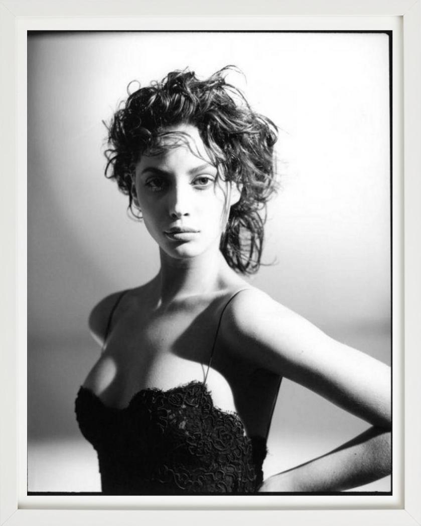 Christy Turlington - b&w portrait in black lace, fine art photography, 1987 - Gray Black and White Photograph by Arthur Elgort