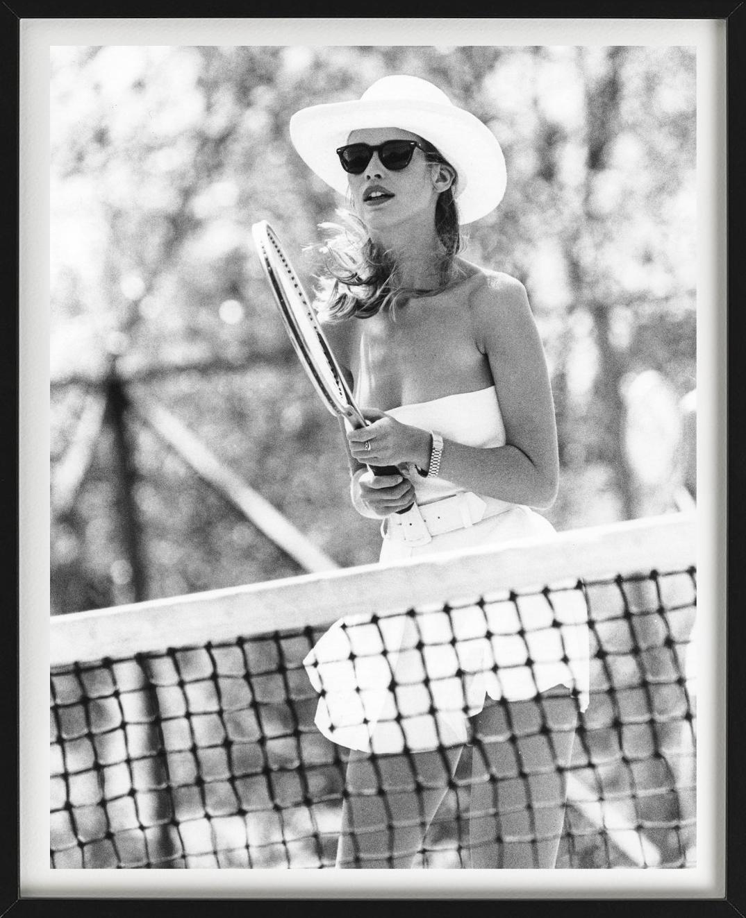Claudia Schiffer, Petit St. Vincent - playing Tennis, Fine Art Photography, 1991 - Gray Black and White Photograph by Arthur Elgort