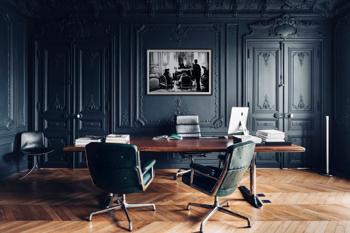 Karl Lagerfeld`s Salon - baroque interior with people, fine art photography 1991 - Gray Black and White Photograph by Arthur Elgort