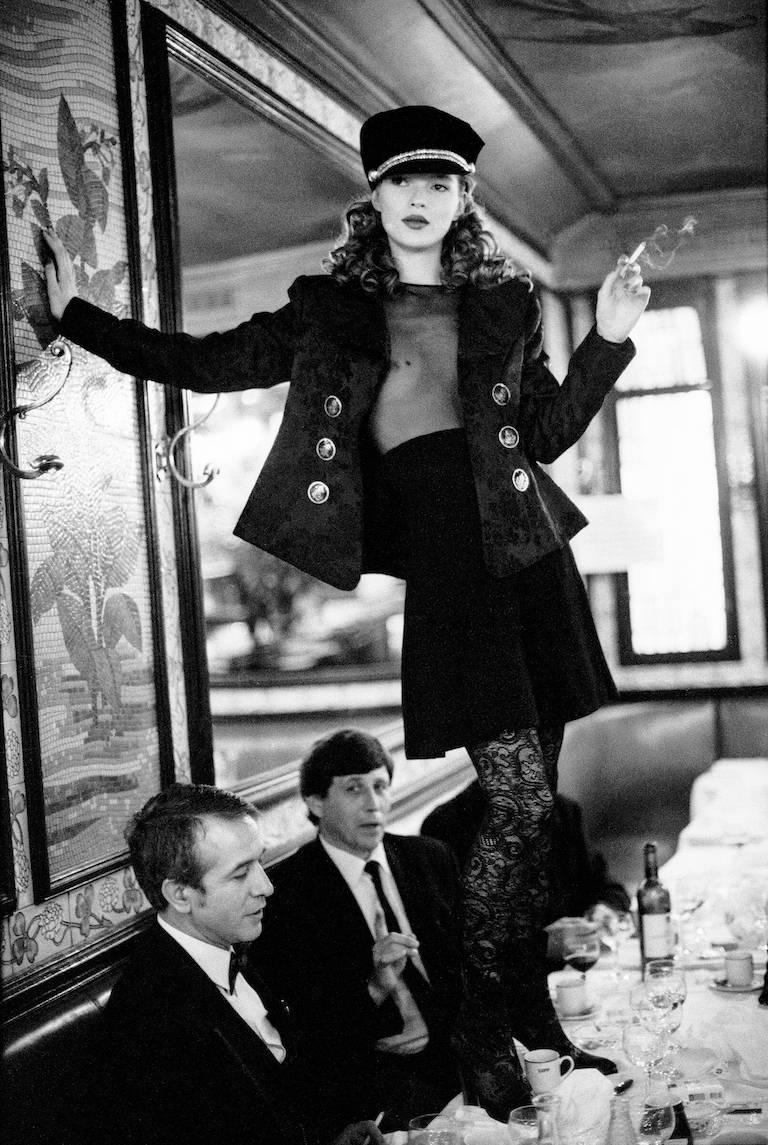 Arthur Elgort Black and White Photograph - Kate Moss, Café Lipp (Vertical), Paris