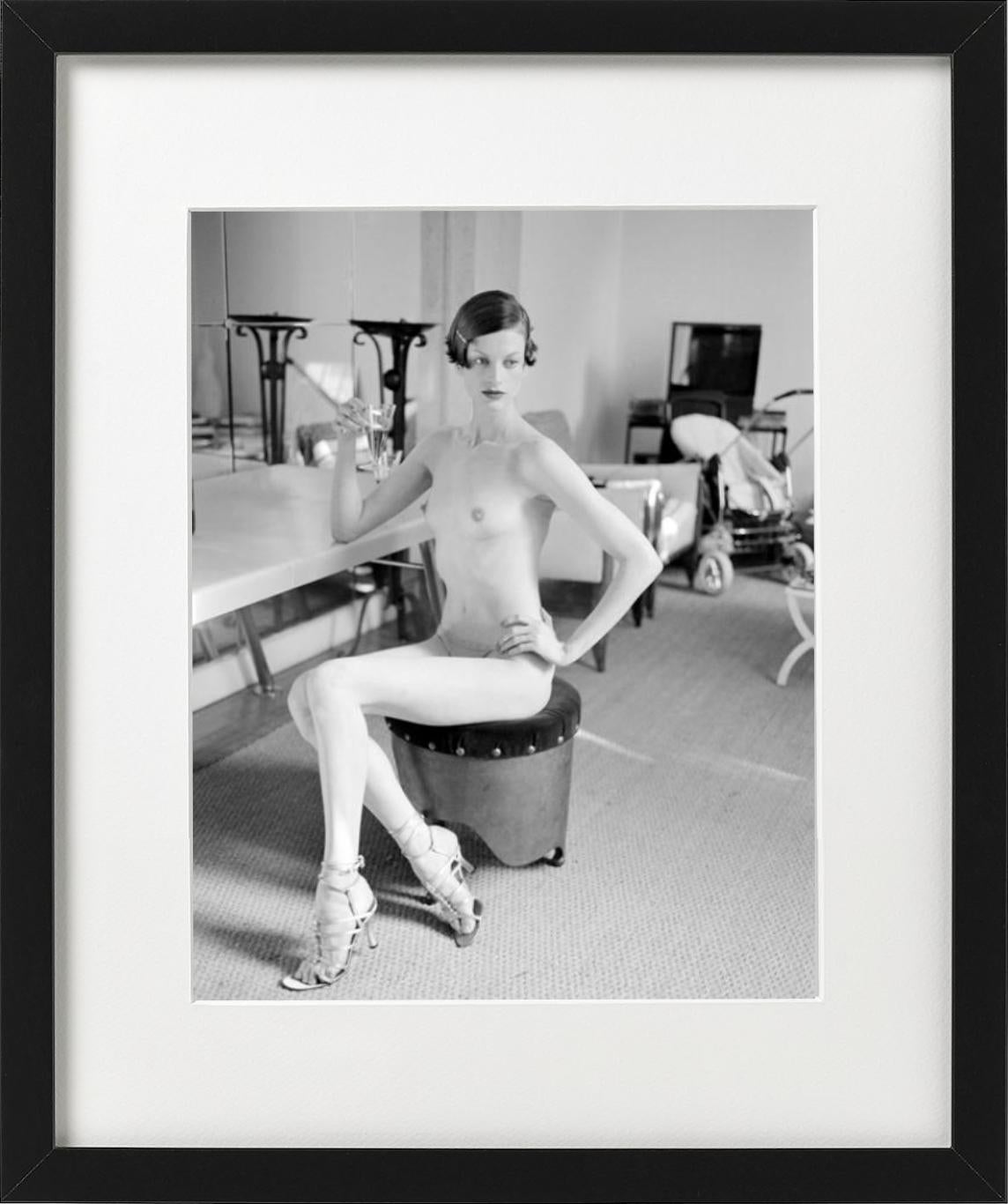 Kristen McMenamy - nude model with champaign, fine art photography, 1995 - Contemporary Photograph by Arthur Elgort