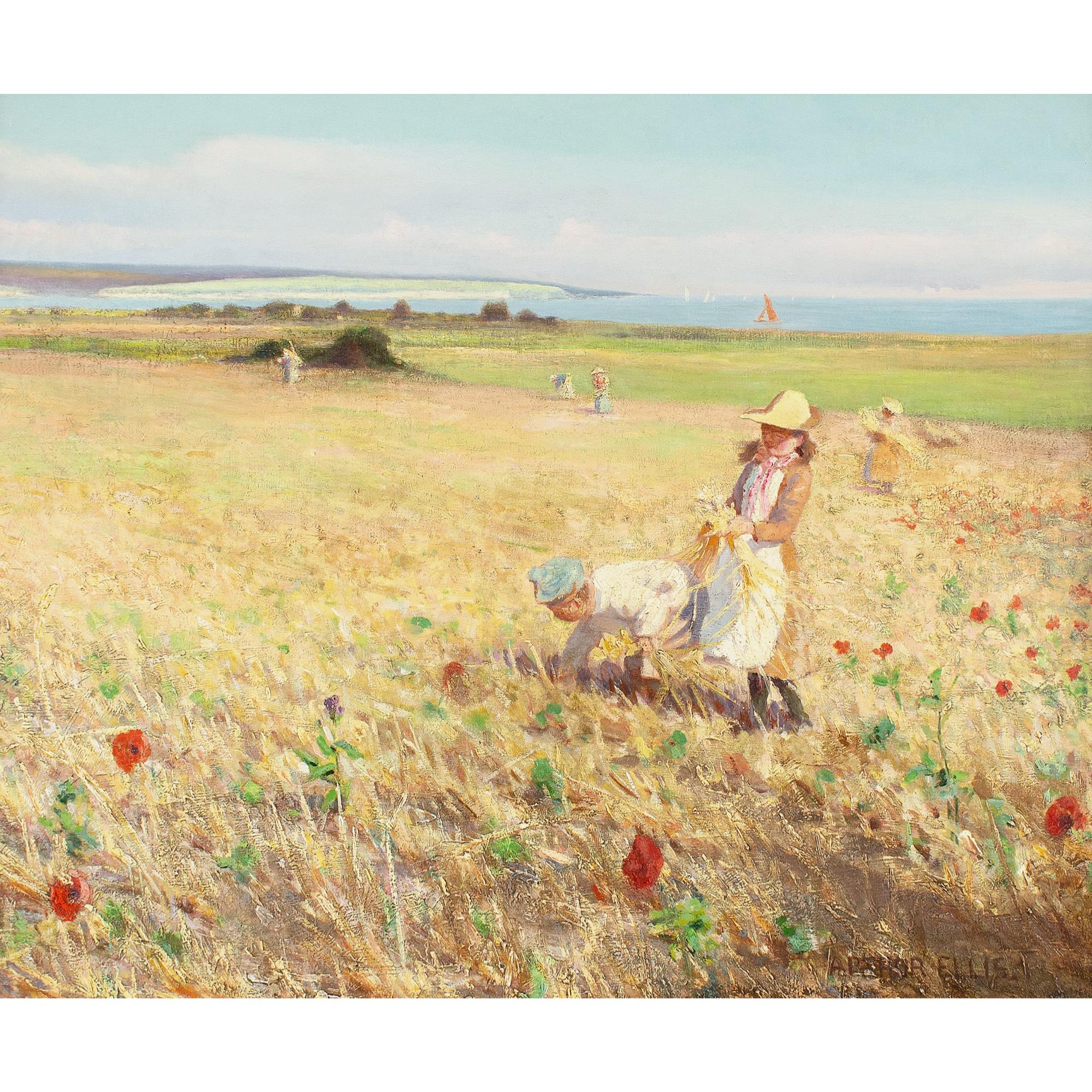 This beautiful early 20th-century oil painting by British artist Arthur Ellis (1856-1918) depicts children in a cornfield before a distant view of the sea.

Ellis was first and foremost a fine draughtsman, studying both at the Royal Academy in