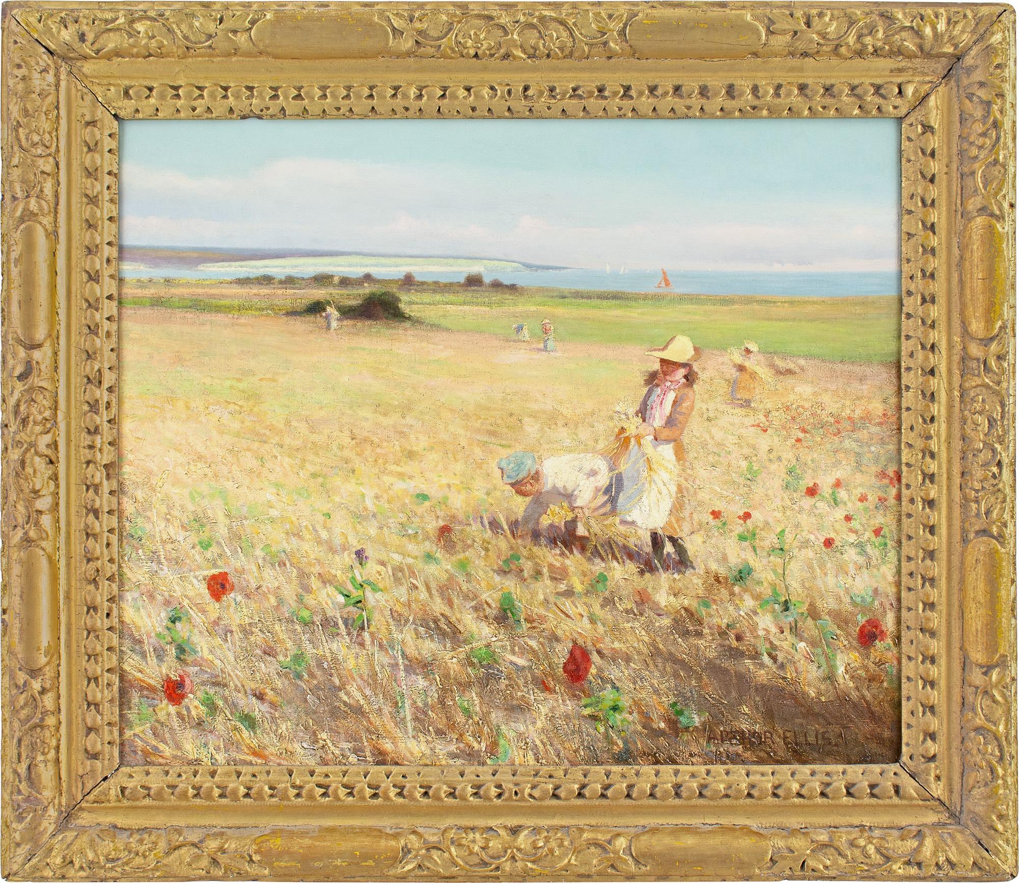 Cette belle peinture à l'huile du début du XXe siècle de l'artiste britannique Arthur Ellis (1856-1918) représente des enfants dans un champ de maïs devant une vue lointaine de la mer.

Ellis était avant tout un excellent dessinateur, qui a étudié à