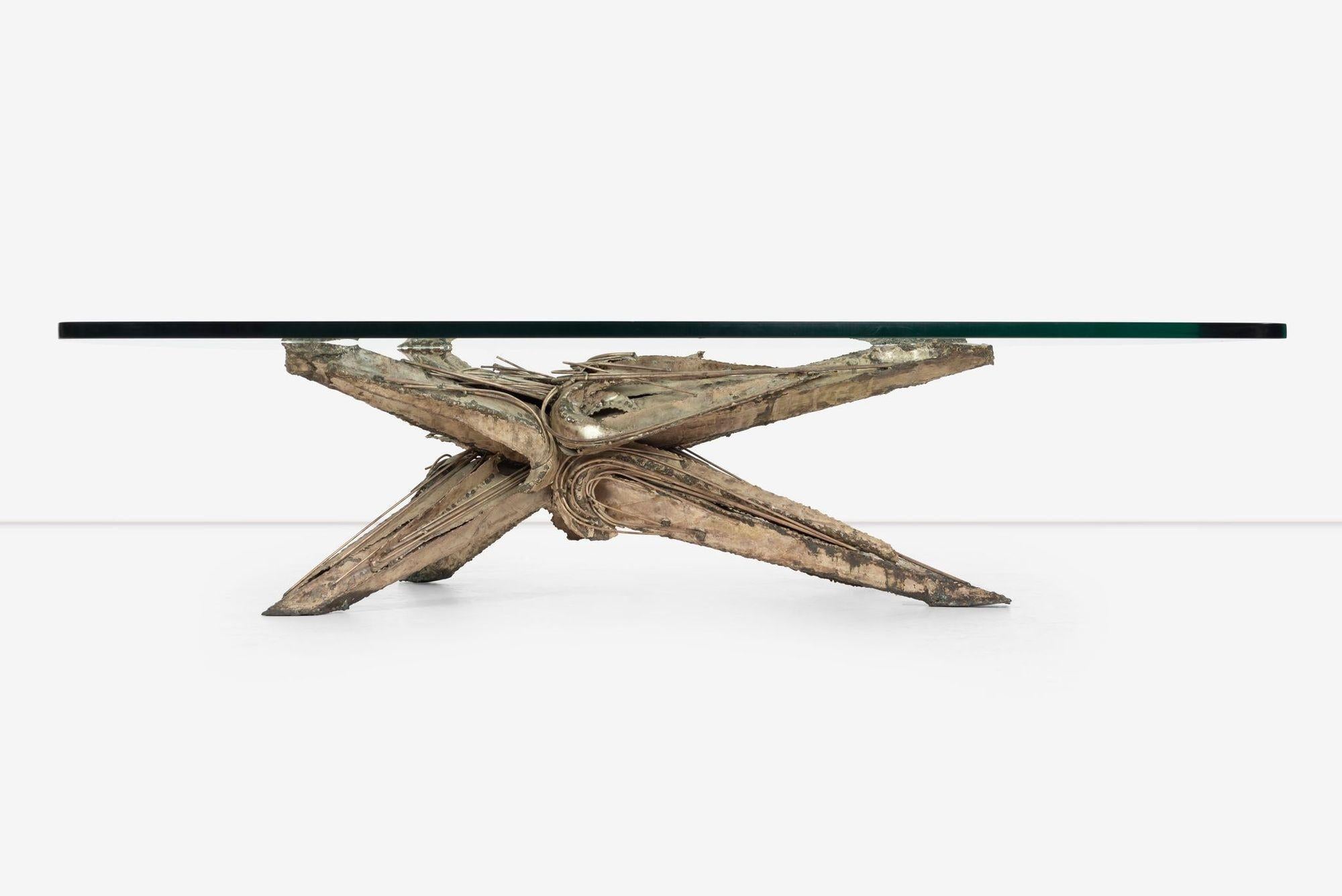 Arthur Elrod large cocktail table for the Ittleson Residence in Palm Springs. A highly expressive base in silvered, hand-welded bronze supporting an irregular 1/2