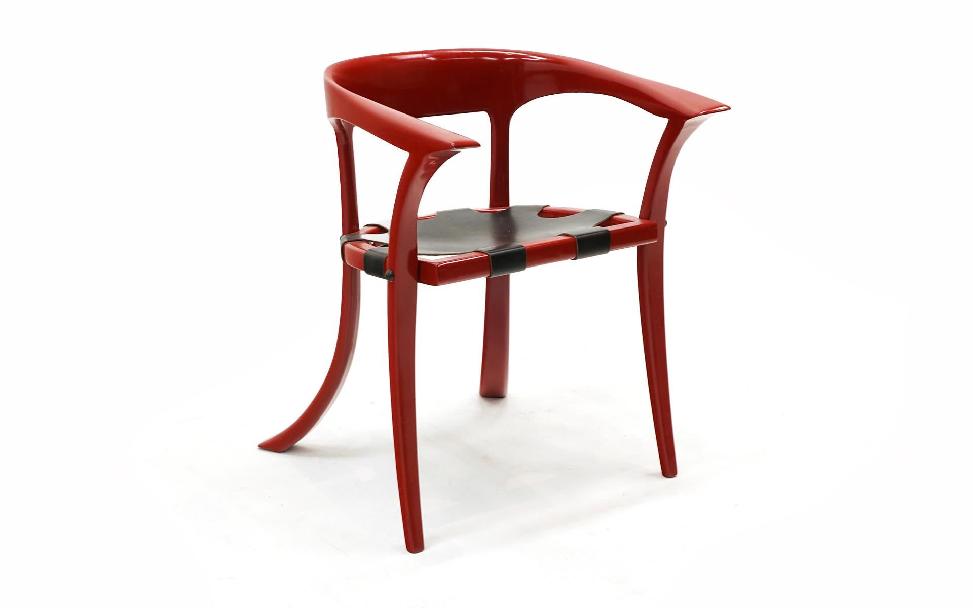 Modern  Arthur Espenet Carpenter Captains Chair. Red Lacquer, Black Leather.  Signed. For Sale
