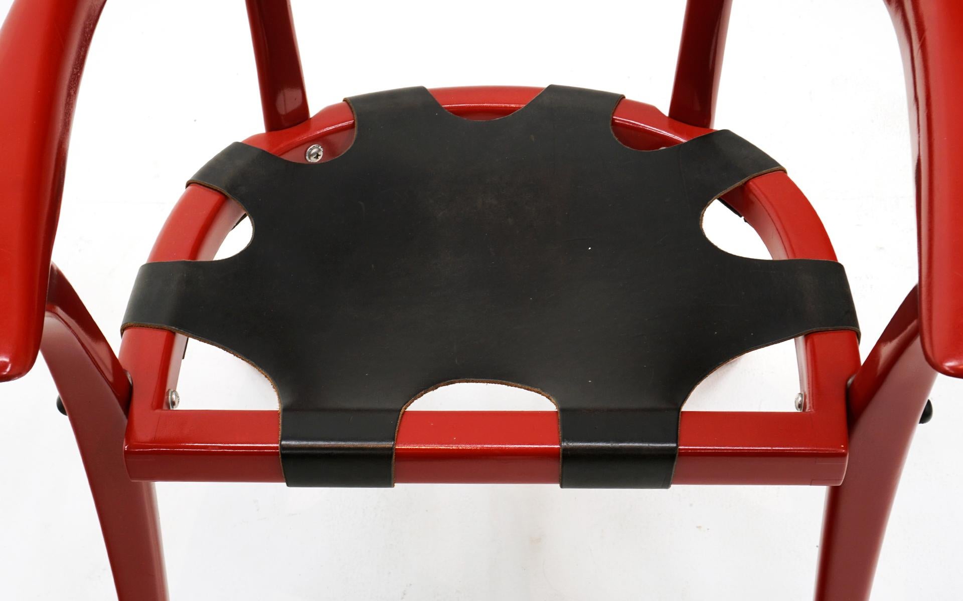 Late 20th Century  Arthur Espenet Carpenter Captains Chair. Red Lacquer, Black Leather.  Signed. For Sale