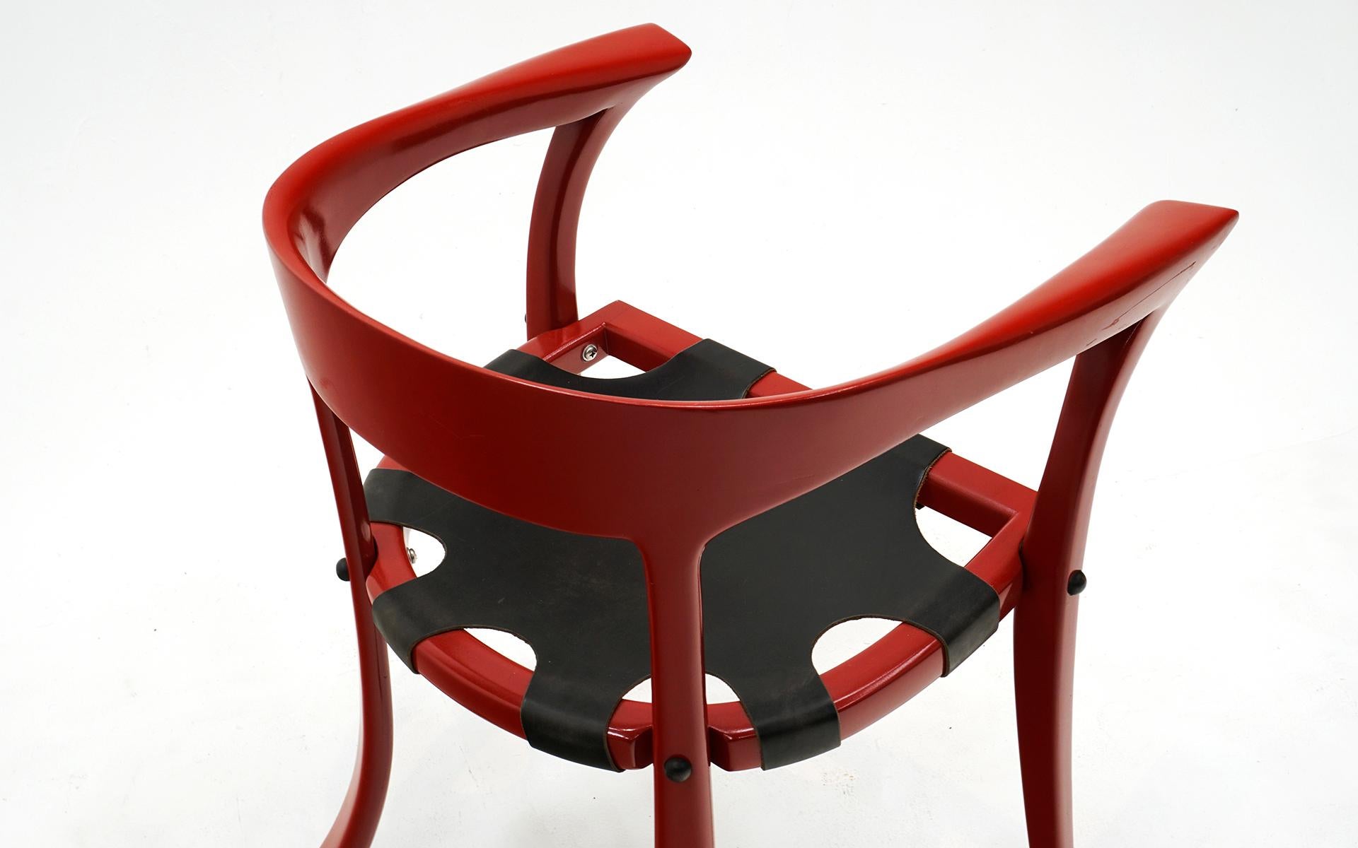  Arthur Espenet Carpenter Captains Chair. Red Lacquer, Black Leather.  Signed. For Sale 1