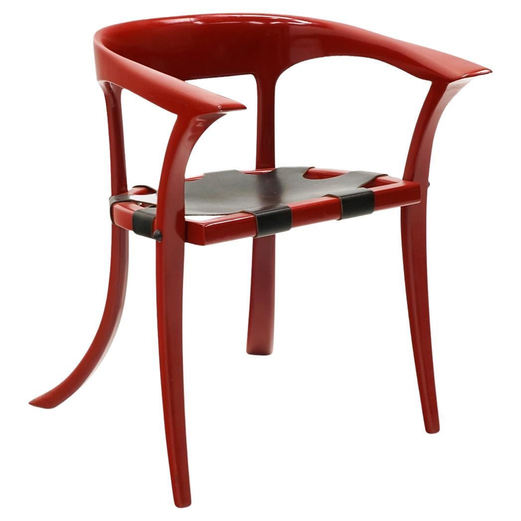  Arthur Espenet Carpenter Captains Chair. Red Lacquer, Black Leather.  Signed. For Sale