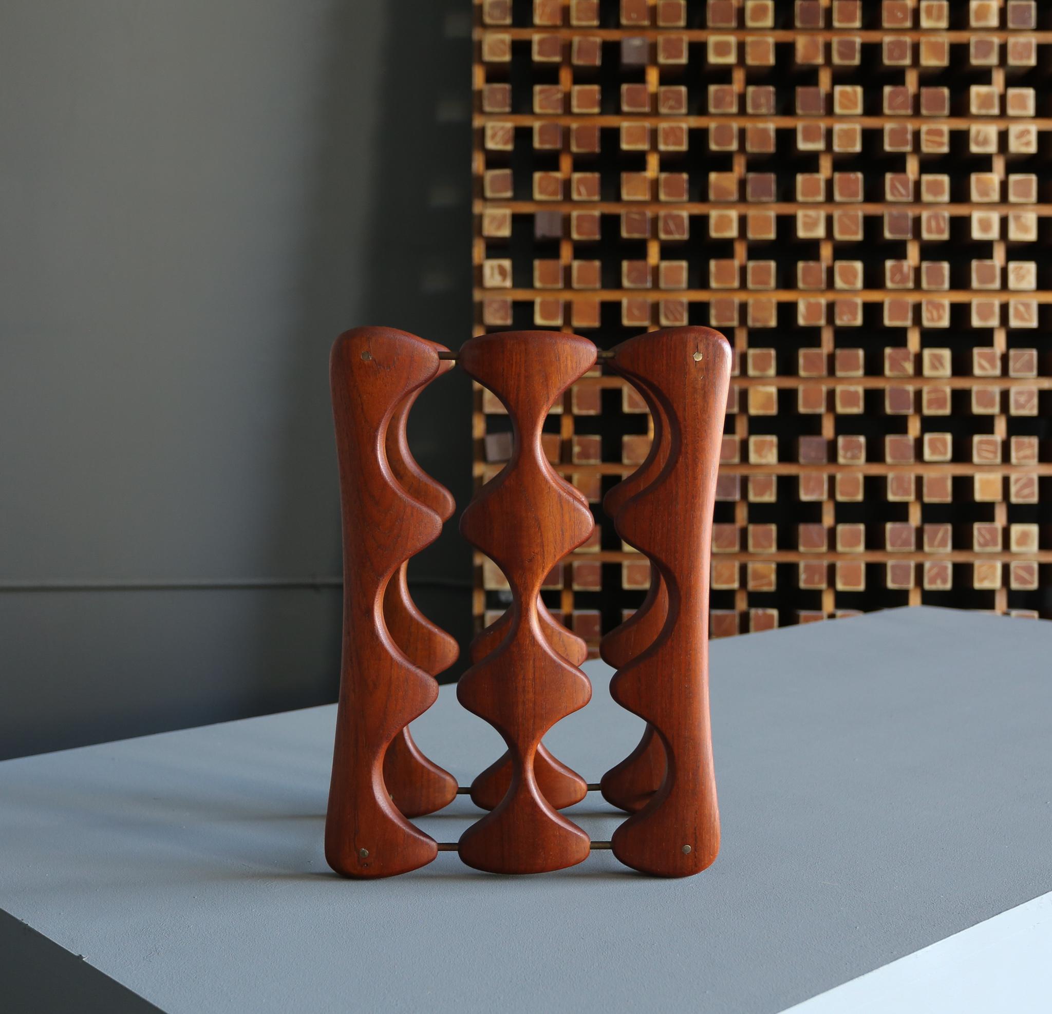 Mid-Century Modern Arthur Espenet Carpenter Carved Walnut & Brass Wine Rack, circa 1967