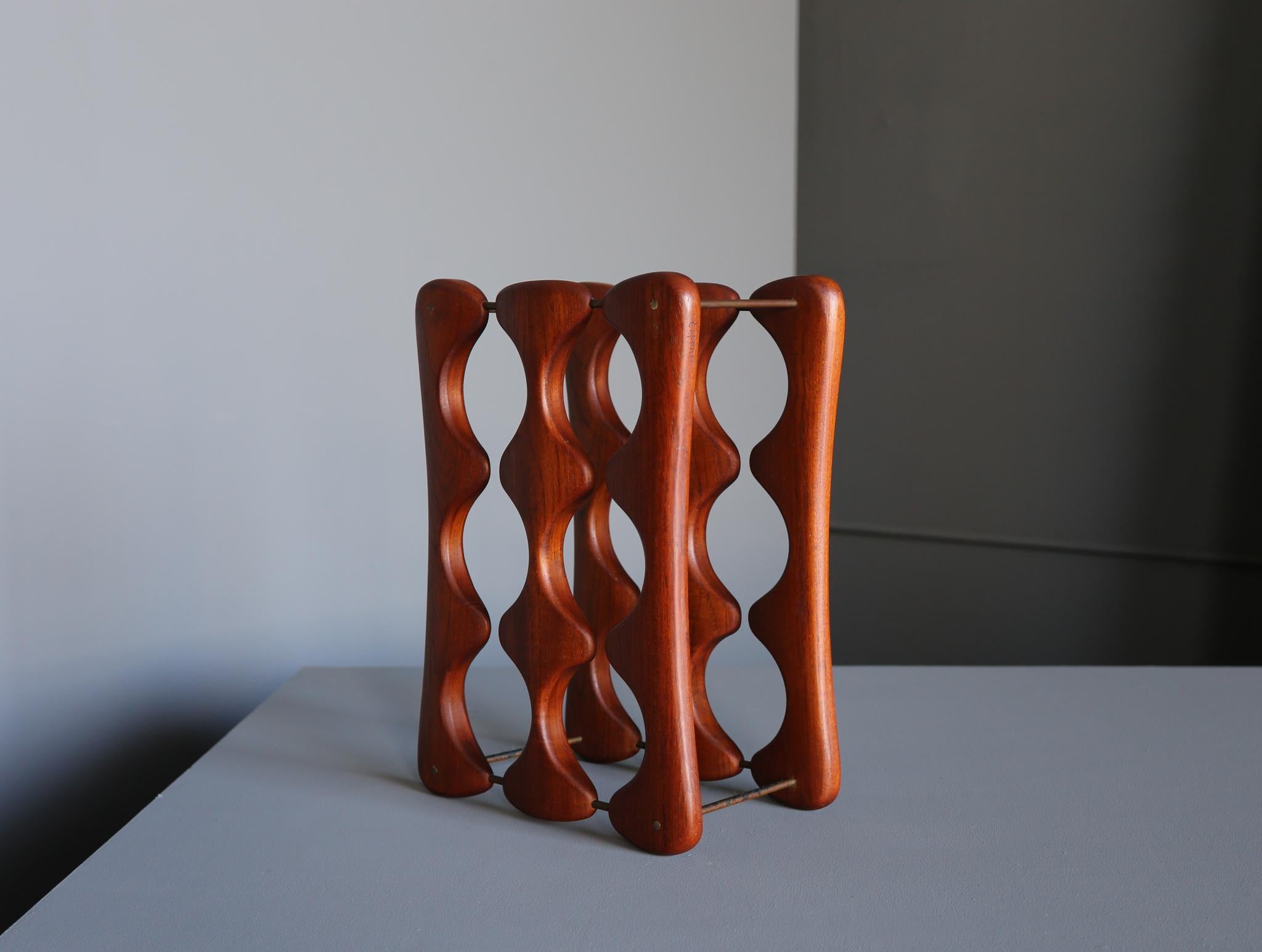 Hand-Carved Arthur Espenet Carpenter Carved Walnut & Brass Wine Rack, circa 1967