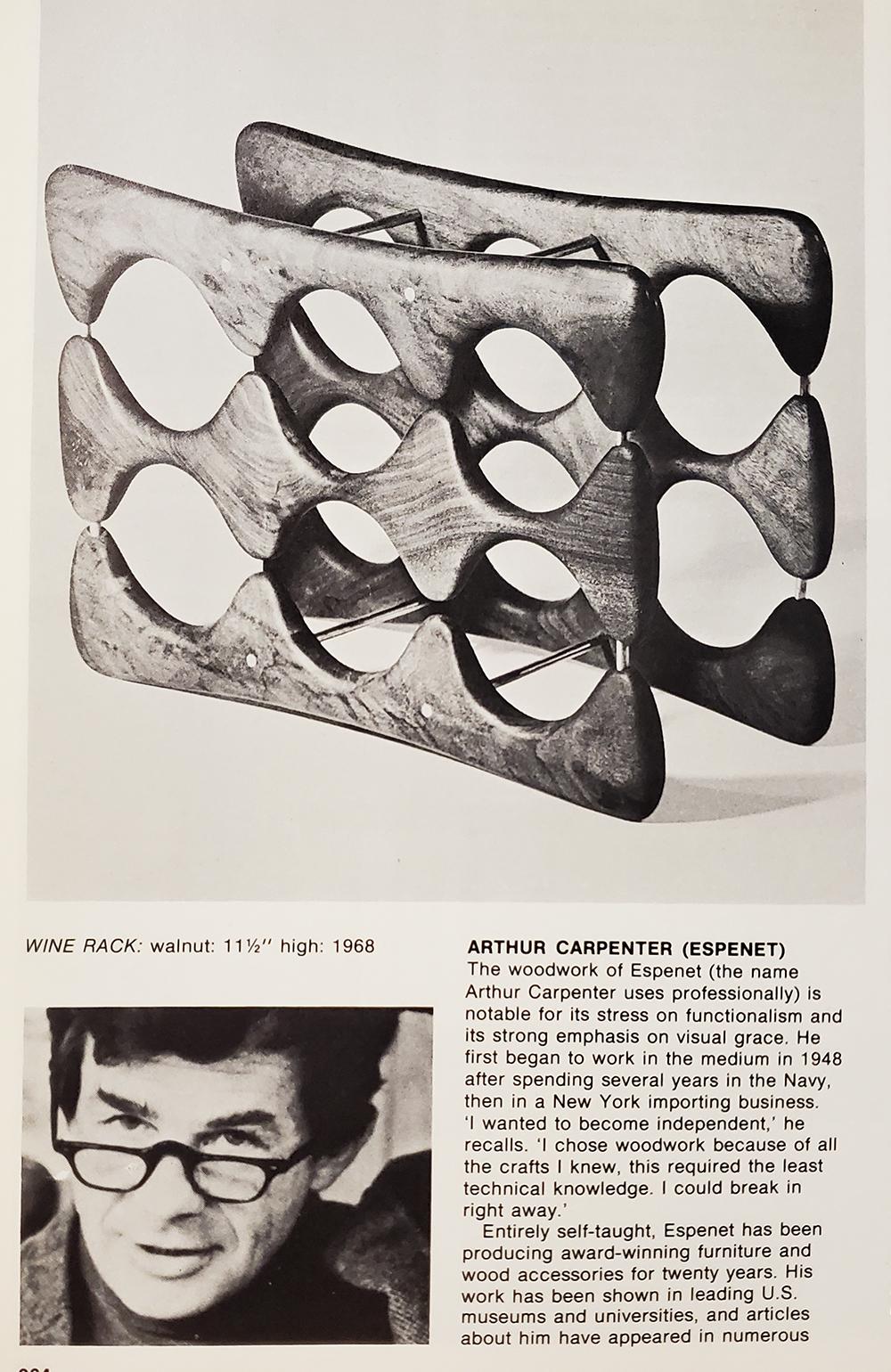 20th Century Arthur Espenet Carpenter Carved Walnut & Brass Wine Rack, circa 1967