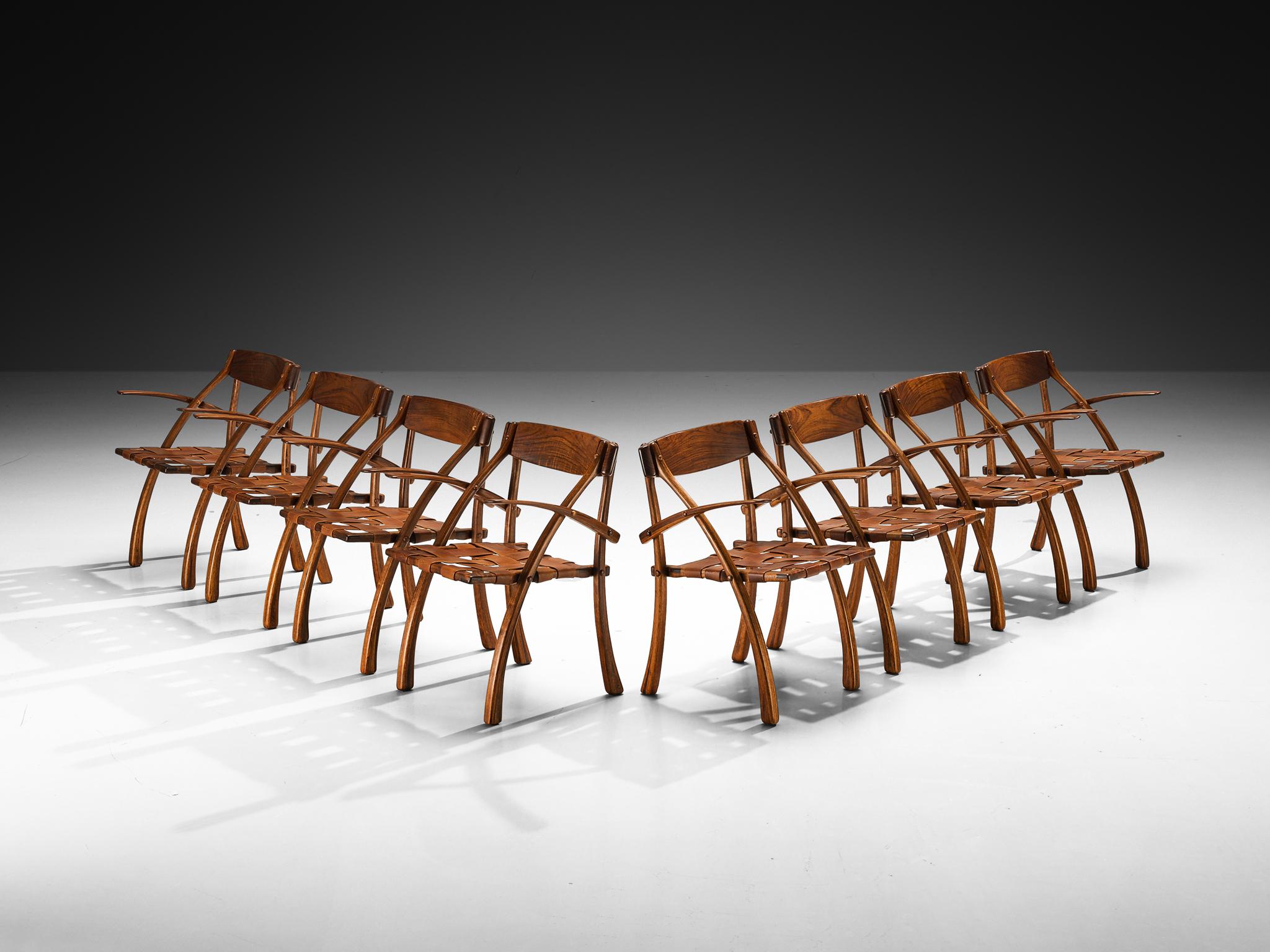 Arthur Espenet, poltrone da pranzo 'Wishbone', legno di Hyedua, pelle, Bolinas, California, Stati Uniti, 1978 

Contemporaneo di Wharton Esherick e George Nakashima, l'artigiano americano autodidatta Arthur Espenet Carpenter era un visionario