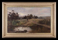 Pittura ad olio antica originale del XX secolo: "Fiume lungo un sentiero".