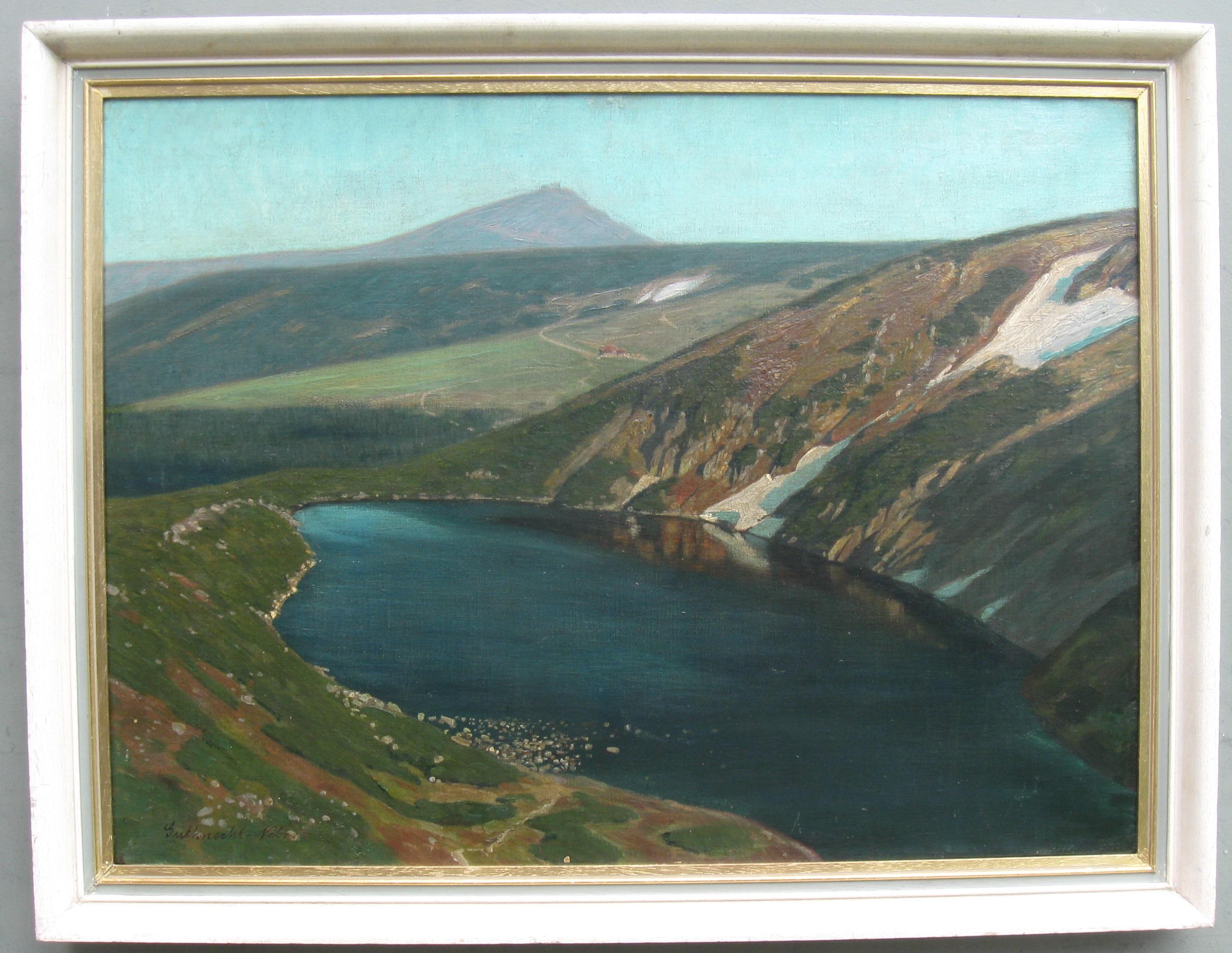 Arthur G. Nebra (1880-1955) Suizo. Lago en las montañas", hacia 1930.
óleo sobre lienzo 54cm x 73cm incluido el bastidor original.
Realismo romántico vista aislada de un paisaje montañoso con un lago.
Firmado abajo a la izquierda. 