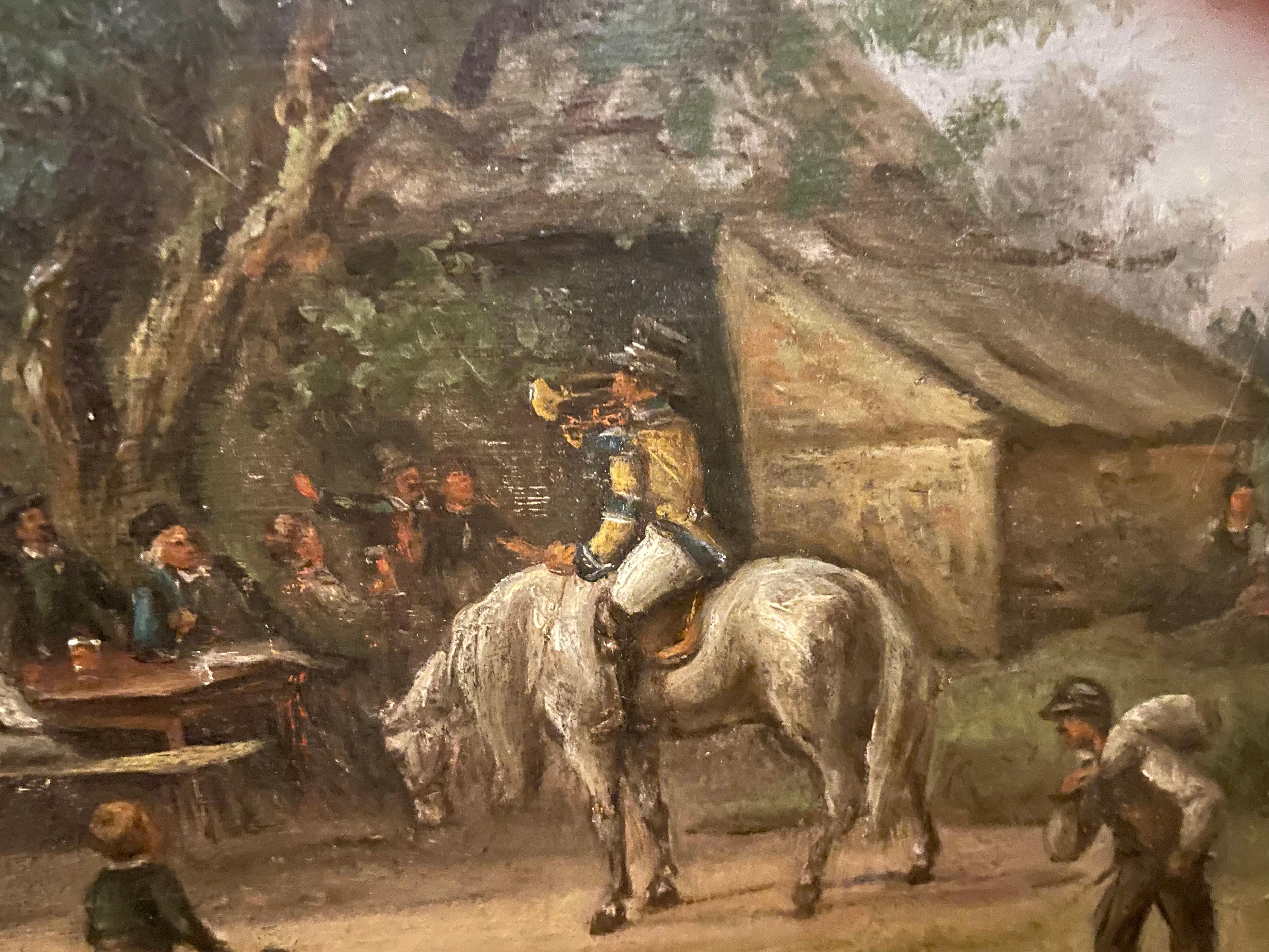 Fine 19th century oil painting of bustling Austria/Germanic village with horse, rider and various figures outside an Inn, attributed to Arthur Georg Ramberg (1819-1879), well known for figurative paintings. The rider is apparently bringing news to