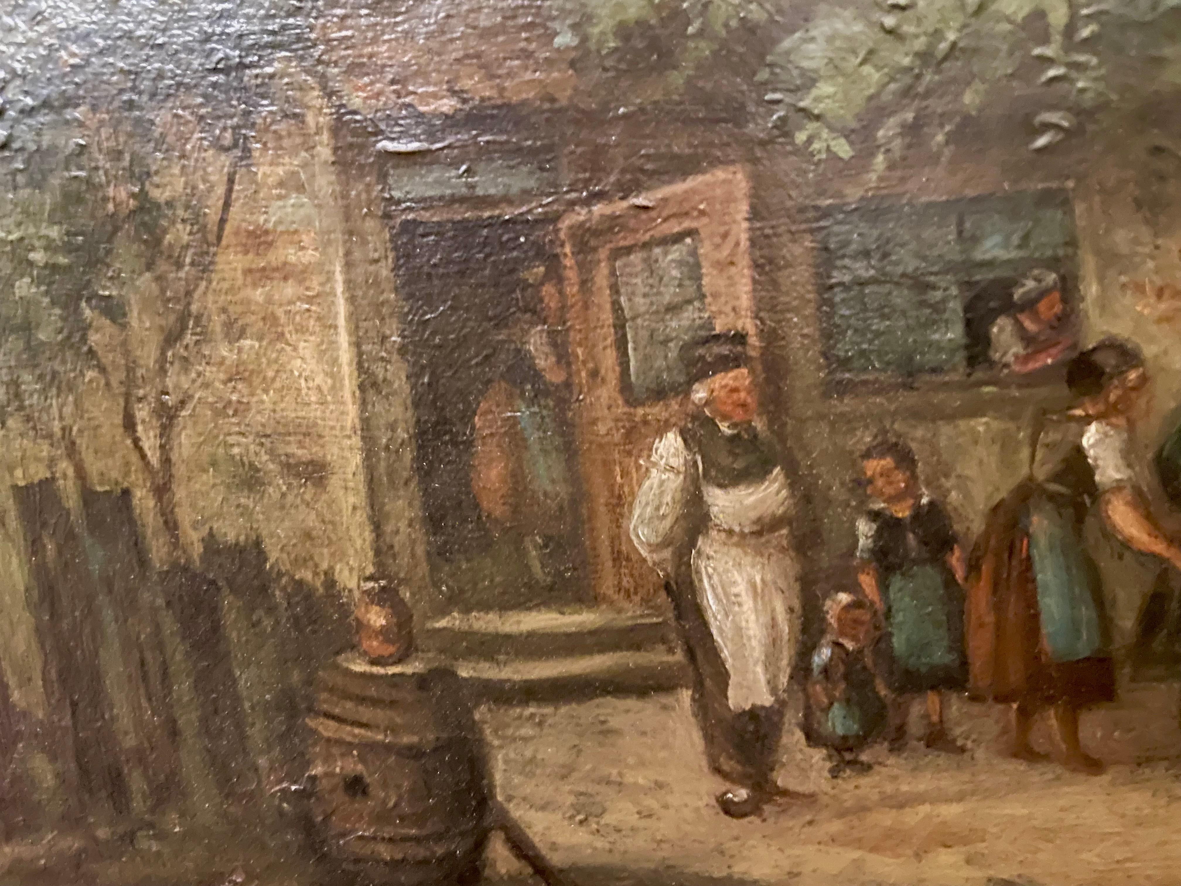 Belle peinture à l'huile du XIXe siècle représentant un village autrichien/germanique animé avec un cheval, un cavalier et divers personnages à l'extérieur d'une auberge, attribuée à Arthur Georg Ramberg (1819-1879), bien connu pour ses peintures