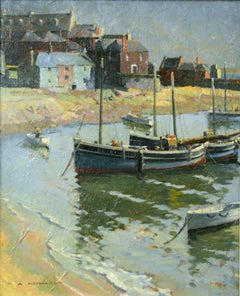 Antique Harbor Landscape of fishing boats, "Morning at St. Ives"