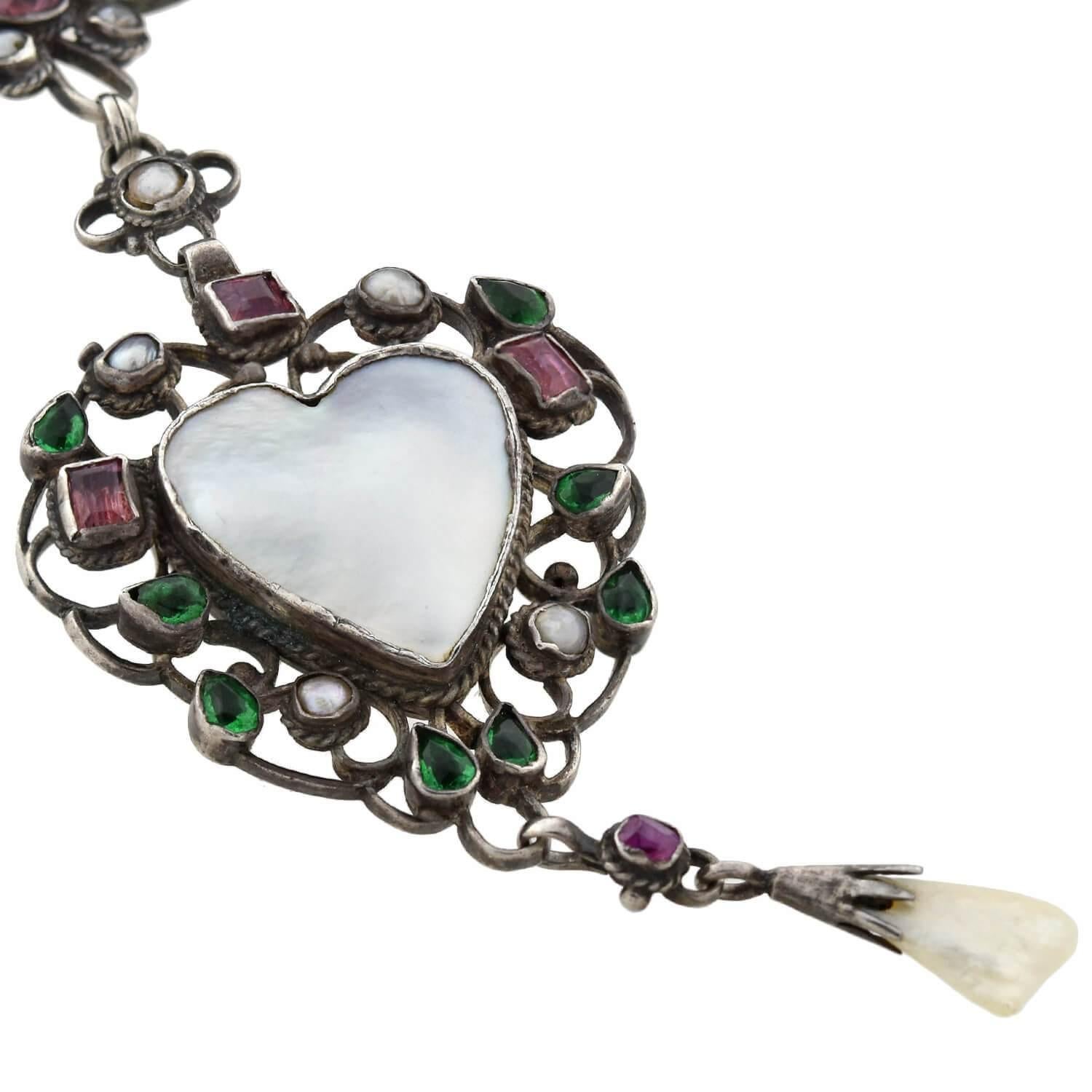 Arts and Crafts Arthur & Georgie Gaskin Pink Tourmaline, Emerald Paste and Pearl Necklace