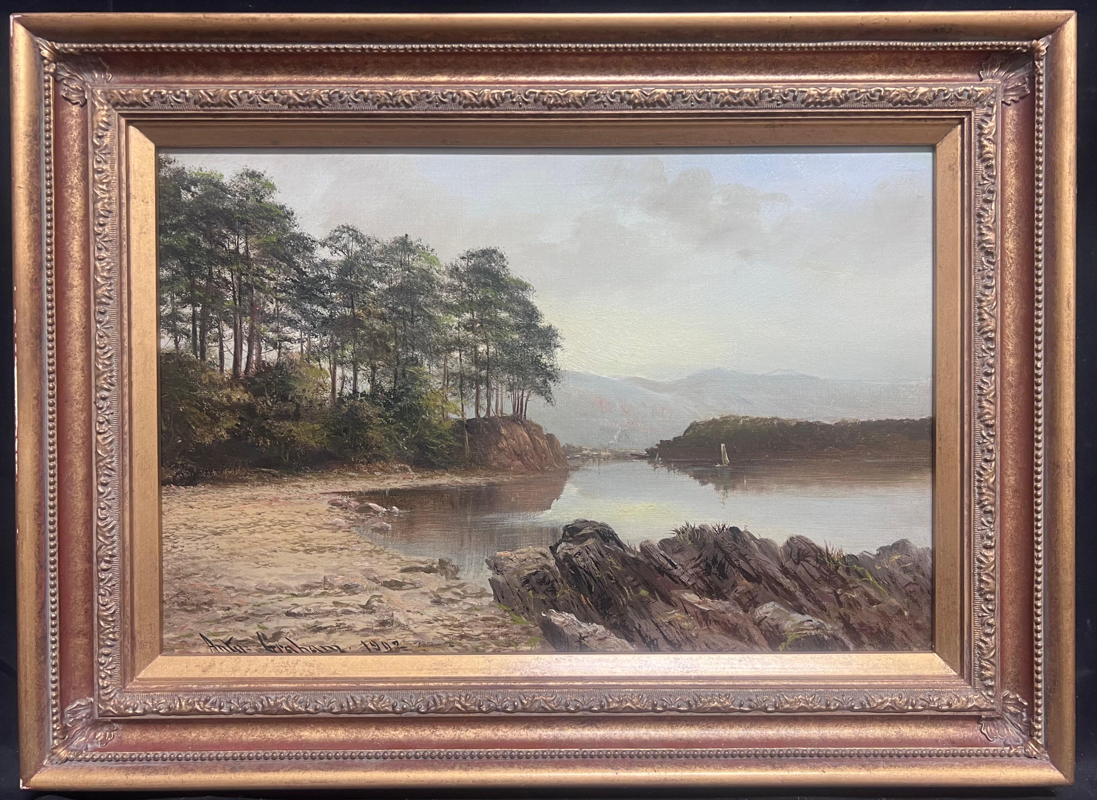 Antique English Signed Oil Painting 1902 Tranquil Derwentwater Lake District - Gray Landscape Painting by Arthur Graham