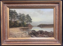 Pintura al óleo antigua inglesa firmada 1902 Tranquil Derwentwater Lake District